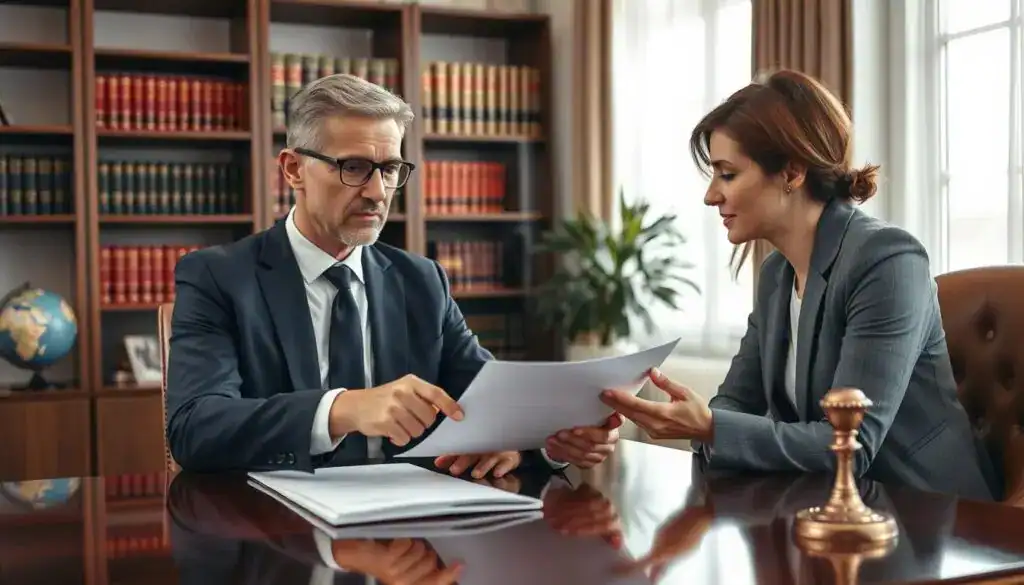 A professional legal consultation scene illustrating "interpretacja przepisów." In the foreground, a serious-looking lawyer in a well-fitted navy suit is sitting at a polished mahogany desk, reviewing legal documents and pointing out sections while discussing with a client. The client, dressed in smart casual attire, looks engaged and thoughtful. In the middle ground, shelves filled with law books and a globe add depth to the scene. The background features a large window with soft, natural light streaming in, creating a warm and inviting atmosphere. The overall mood conveys collaboration and professionalism, highlighting the importance of working with a lawyer in legal matters. The composition is shot from a slightly elevated angle, capturing both the lawyer and the client in a dynamic yet respectful interaction. A professional legal consultation scene illustrating "interpretacja przepisów." In the foreground, a serious-looking lawyer in a well-fitted navy suit is sitting at a polished mahogany desk, reviewing legal documents and pointing out sections while discussing with a client. The client, dressed in smart casual attire, looks engaged and thoughtful. In the middle ground, shelves filled with law books and a globe add depth to the scene. The background features a large window with soft, natural light streaming in, creating a warm and inviting atmosphere. The overall mood conveys collaboration and professionalism, highlighting the importance of working with a lawyer in legal matters. The composition is shot from a slightly elevated angle, capturing both the lawyer and the client in a dynamic yet respectful interaction.