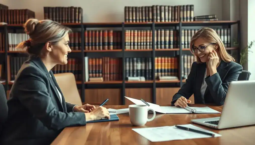 A professional legal consultation scene in an office environment focused on compensation claims. In the foreground, a business-attired female lawyer is attentively listening to a concerned client, who appears distressed yet hopeful. The lawyer is holding a pen and notebook, symbolizing careful documentation and support. The middle of the image features a large wooden desk cluttered with legal documents, a laptop, and a coffee mug, emphasizing the legal atmosphere. In the background, shelves filled with law books reflect a sense of expertise and authority. Soft, warm lighting illuminates the space, creating an inviting and supportive mood, while the angle captures both individuals in a focused yet collaborative position. The color palette is professional with muted tones. A professional legal consultation scene in an office environment focused on compensation claims. In the foreground, a business-attired female lawyer is attentively listening to a concerned client, who appears distressed yet hopeful. The lawyer is holding a pen and notebook, symbolizing careful documentation and support. The middle of the image features a large wooden desk cluttered with legal documents, a laptop, and a coffee mug, emphasizing the legal atmosphere. In the background, shelves filled with law books reflect a sense of expertise and authority. Soft, warm lighting illuminates the space, creating an inviting and supportive mood, while the angle captures both individuals in a focused yet collaborative position. The color palette is professional with muted tones.