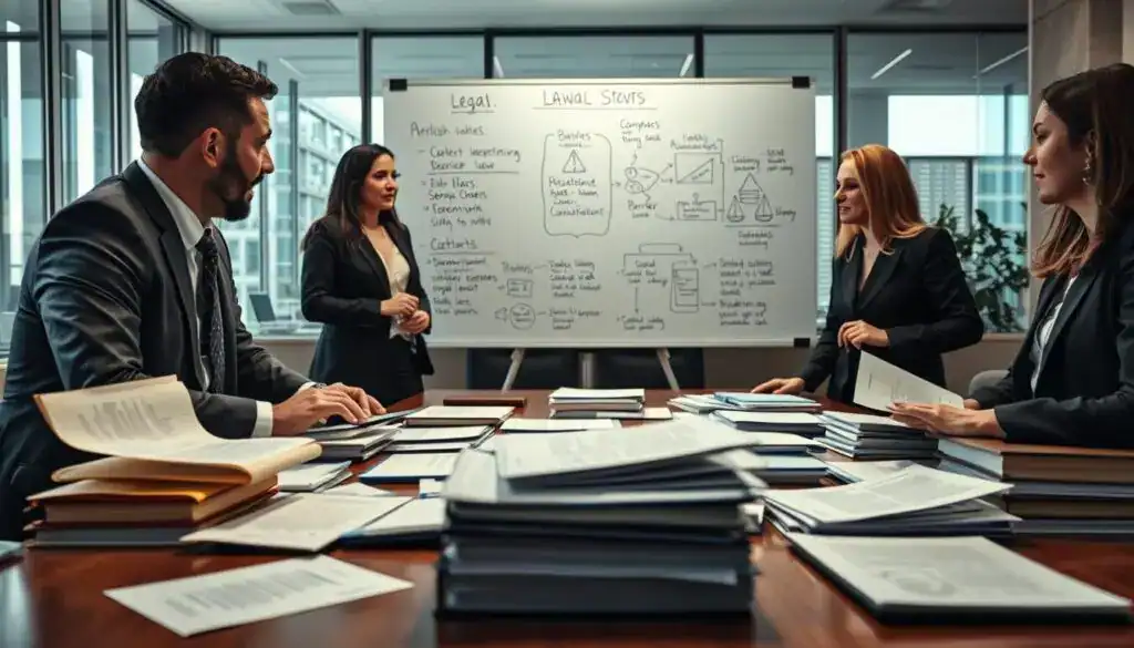 A professional legal setting depicting the concept of legal interpretation in compensation processes. In the foreground, a diverse group of three professionals, dressed in business attire, engaged in an animated discussion around a conference table piled with legal documents and case files. In the middle, a soft-focus view of a large whiteboard filled with diagrams and notes outlining legal theories and barriers to understanding the law. The background showcases a modern office with large windows allowing natural light to flood the room, adding warmth to the atmosphere. The mood is serious yet collaborative, with an emphasis on problem-solving and clarity. The scene is well-lit, cropped with a typical lens angle to convey depth and engagement. A professional legal setting depicting the concept of legal interpretation in compensation processes. In the foreground, a diverse group of three professionals, dressed in business attire, engaged in an animated discussion around a conference table piled with legal documents and case files. In the middle, a soft-focus view of a large whiteboard filled with diagrams and notes outlining legal theories and barriers to understanding the law. The background showcases a modern office with large windows allowing natural light to flood the room, adding warmth to the atmosphere. The mood is serious yet collaborative, with an emphasis on problem-solving and clarity. The scene is well-lit, cropped with a typical lens angle to convey depth and engagement.