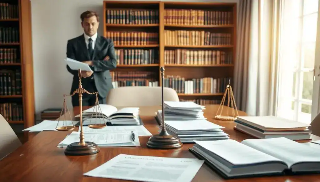 A professional legal setting focused on civil liability for damages. In the foreground, a confident lawyer dressed in a tailored suit stands with a legal brief in hand, examining documents. The middle ground features a large wooden table strewn with legal papers, case files, and a scale of justice symbolizing balance and fairness. In the background, a bookshelf filled with law books and a large window allowing soft natural light to illuminate the scene, creating a warm, inviting atmosphere. The image conveys a sense of professionalism, responsibility, and the serious nature of legal proceedings concerning civil liability. Shot at eye level with soft focus on the background to emphasize the lawyer and documents. A professional legal setting focused on civil liability for damages. In the foreground, a confident lawyer dressed in a tailored suit stands with a legal brief in hand, examining documents. The middle ground features a large wooden table strewn with legal papers, case files, and a scale of justice symbolizing balance and fairness. In the background, a bookshelf filled with law books and a large window allowing soft natural light to illuminate the scene, creating a warm, inviting atmosphere. The image conveys a sense of professionalism, responsibility, and the serious nature of legal proceedings concerning civil liability. Shot at eye level with soft focus on the background to emphasize the lawyer and documents.