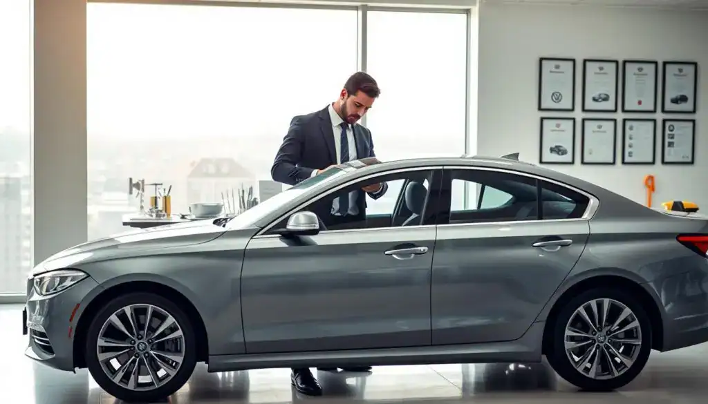 A professional male appraiser wearing a suit stands in a well-lit office, examining a sleek, undamaged car parked in the foreground. The car is a modern sedan, showcasing its clean lines and polished finish. Surrounding the appraiser, various tools for vehicle inspection and valuation are neatly arranged on a desk. The middle ground features a large window with soft natural light streaming in, illuminating framed automotive certificates on the wall. In the background, a subtle cityscape is visible through the glass, hinting at a bustling urban environment. The overall mood is focused and professional, capturing the essence of preparing for a car valuation, with an emphasis on clarity and detail in the appraisal process. A professional male appraiser wearing a suit stands in a well-lit office, examining a sleek, undamaged car parked in the foreground. The car is a modern sedan, showcasing its clean lines and polished finish. Surrounding the appraiser, various tools for vehicle inspection and valuation are neatly arranged on a desk. The middle ground features a large window with soft natural light streaming in, illuminating framed automotive certificates on the wall. In the background, a subtle cityscape is visible through the glass, hinting at a bustling urban environment. The overall mood is focused and professional, capturing the essence of preparing for a car valuation, with an emphasis on clarity and detail in the appraisal process.