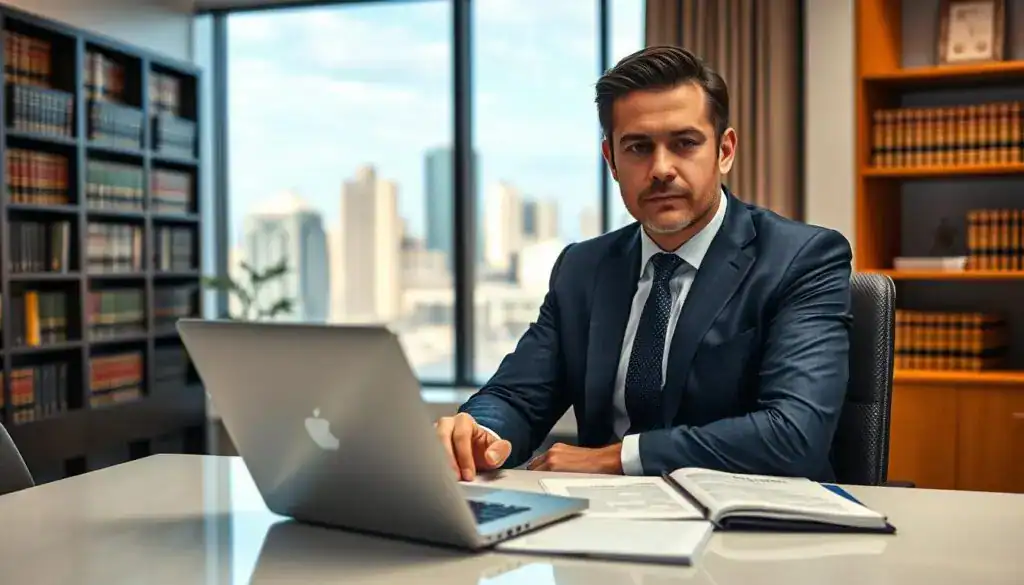 A professional male lawyer specializing in compensation cases, seated at a sleek modern desk in an elegantly designed office. He is dressed in a tailored navy blue suit, with a white dress shirt and a tasteful tie. The foreground features a stack of legal documents and a laptop opened to a case study. In the middle ground, a large window lets in soft, natural light, illuminating the room with a warm glow, while a bookshelf filled with law books adds an academic touch. In the background, a cityscape is visible, hinting at a bustling urban environment. The mood is serious yet hopeful, capturing the essence of professionalism and dedication to justice. The camera angle is a focused close-up that emphasizes the lawyer’s expression of determination and focus. A professional male lawyer specializing in compensation cases, seated at a sleek modern desk in an elegantly designed office. He is dressed in a tailored navy blue suit, with a white dress shirt and a tasteful tie. The foreground features a stack of legal documents and a laptop opened to a case study. In the middle ground, a large window lets in soft, natural light, illuminating the room with a warm glow, while a bookshelf filled with law books adds an academic touch. In the background, a cityscape is visible, hinting at a bustling urban environment. The mood is serious yet hopeful, capturing the essence of professionalism and dedication to justice. The camera angle is a focused close-up that emphasizes the lawyer’s expression of determination and focus.