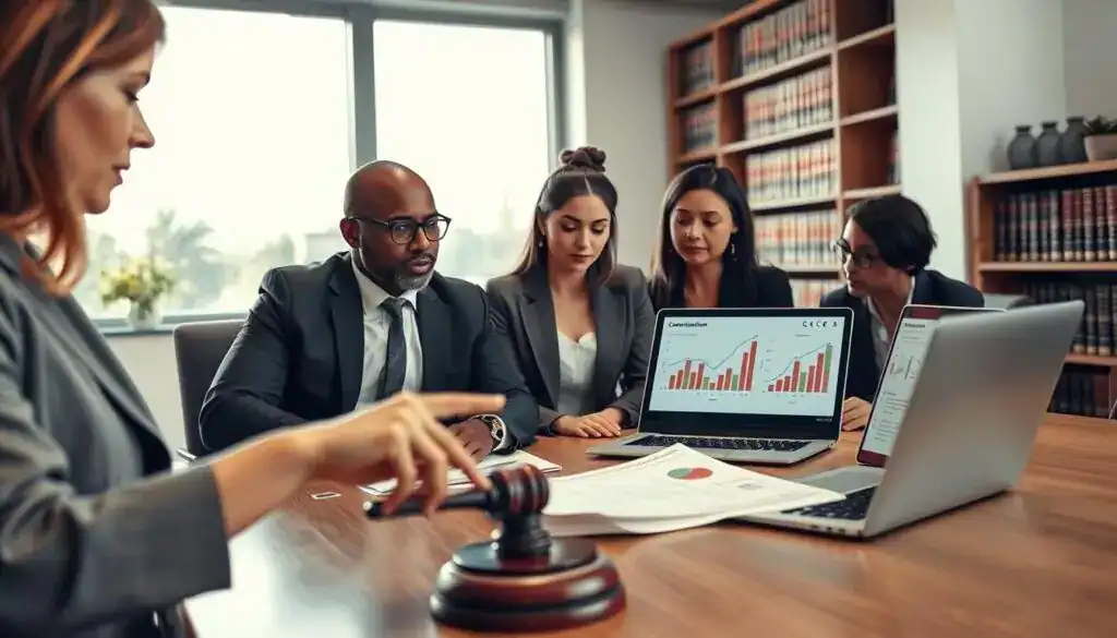 A professional meeting room with a diverse group of individuals in business attire engaged in discussion about compensation proceedings. In the foreground, a focused woman points to a legal document on the table, illustrating the process of § 249 BGB. In the middle, a diverse group of three people, a Black man, a Caucasian woman, and a Hispanic person, analyze charts and graphs displayed on a laptop, representing the financial implications of compensation. The background features a large window with natural light streaming in, creating a bright and serious atmosphere, where a bookshelf filled with law books subtly suggests a scholarly context. The angle is slightly elevated, capturing the intensity of the discussion while emphasizing the collaborative nature of the meeting. A professional meeting room with a diverse group of individuals in business attire engaged in discussion about compensation proceedings. In the foreground, a focused woman points to a legal document on the table, illustrating the process of § 249 BGB. In the middle, a diverse group of three people, a Black man, a Caucasian woman, and a Hispanic person, analyze charts and graphs displayed on a laptop, representing the financial implications of compensation. The background features a large window with natural light streaming in, creating a bright and serious atmosphere, where a bookshelf filled with law books subtly suggests a scholarly context. The angle is slightly elevated, capturing the intensity of the discussion while emphasizing the collaborative nature of the meeting.