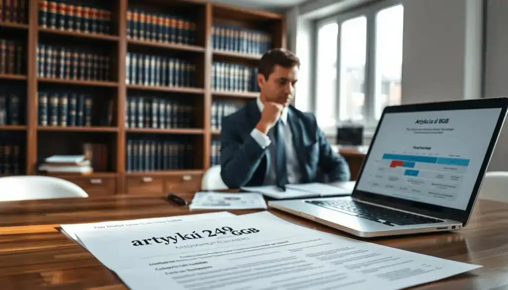 A professional, minimalist office environment emphasizing clarity and focus. In the foreground, a polished wooden desk holds various legal documents featuring the mention of "artykuł 249 BGB" in sleek, modern font. A sophisticated laptop is open, displaying a detailed chart illustrating the scope of compensation in insurance claims. In the middle ground, a well-dressed business professional, male or female, appears deep in thought, examining the documents with a thoughtful expression. The background features a wall of bookcases filled with legal volumes, softly lit by natural sunlight filtering through a large window. The atmosphere conveys a sense of authority and seriousness, with a focus on the critical subject of insurance compensation, underlining professionalism and expertise in the field. A professional, minimalist office environment emphasizing clarity and focus. In the foreground, a polished wooden desk holds various legal documents featuring the mention of "artykuł 249 BGB" in sleek, modern font. A sophisticated laptop is open, displaying a detailed chart illustrating the scope of compensation in insurance claims. In the middle ground, a well-dressed business professional, male or female, appears deep in thought, examining the documents with a thoughtful expression. The background features a wall of bookcases filled with legal volumes, softly lit by natural sunlight filtering through a large window. The atmosphere conveys a sense of authority and seriousness, with a focus on the critical subject of insurance compensation, underlining professionalism and expertise in the field.