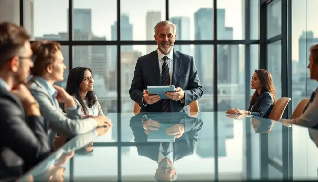 A professional negotiation consultant, depicted as a middle-aged Caucasian male, confidently standing at a sleek glass conference table. He is dressed in a tailored navy suit and tie, holding a tablet in one hand, engaged in discussion with a diverse group of business professionals seated around the table. The background features a modern office setting with large windows showcasing a city skyline. Soft, natural lighting illuminates the scene, creating a warm and inviting atmosphere. The focus is on the consultant's confident body language and expressive face, conveying expertise and support. The overall mood is collaborative and dynamic, emphasizing the role of the consultant in facilitating negotiations. A professional negotiation consultant, depicted as a middle-aged Caucasian male, confidently standing at a sleek glass conference table. He is dressed in a tailored navy suit and tie, holding a tablet in one hand, engaged in discussion with a diverse group of business professionals seated around the table. The background features a modern office setting with large windows showcasing a city skyline. Soft, natural lighting illuminates the scene, creating a warm and inviting atmosphere. The focus is on the consultant's confident body language and expressive face, conveying expertise and support. The overall mood is collaborative and dynamic, emphasizing the role of the consultant in facilitating negotiations.