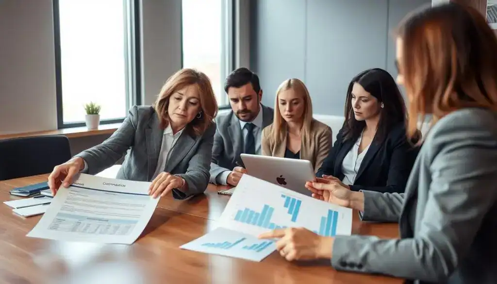 A professional office environment featuring a diverse group of business professionals engaged in a discussion around a large table. In the foreground, a middle-aged woman in a smart blazer points at a detailed report outlining compensation calculations, her expression focused and analytical. In the middle, a younger man in a suit takes notes on a laptop, while a thoughtful woman next to him reviews graphs on a tablet. The background shows a large window with natural light streaming in, illuminating the room. The atmosphere is serious but collaborative, conveying a sense of urgency and importance regarding the injury claim process. The scene captures a moment of teamwork in addressing the complexities of insurance claim resolution, emphasizing the influence of expert opinions on the damage assessment timeline. A professional office environment featuring a diverse group of business professionals engaged in a discussion around a large table. In the foreground, a middle-aged woman in a smart blazer points at a detailed report outlining compensation calculations, her expression focused and analytical. In the middle, a younger man in a suit takes notes on a laptop, while a thoughtful woman next to him reviews graphs on a tablet. The background shows a large window with natural light streaming in, illuminating the room. The atmosphere is serious but collaborative, conveying a sense of urgency and importance regarding the injury claim process. The scene captures a moment of teamwork in addressing the complexities of insurance claim resolution, emphasizing the influence of expert opinions on the damage assessment timeline.