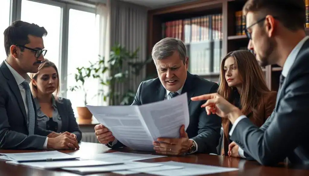 A professional office environment featuring a serious discussion around a table, focusing on a diverse group of people dressed in business attire. In the foreground, a middle-aged man is reviewing detailed insurance documents, his expression showing concern as he interacts with a younger woman who points to a specific section of the paperwork. In the middle ground, there’s a large window with soft, natural daylight filtering through, illuminating the papers scattered across the table, creating an atmosphere of tension and professionalism. The background features bookshelves filled with legal texts and a potted plant, adding a touch of warmth to the serious ambiance. The overall mood is one of contemplation and urgency, as the group navigates the complexities of an insurance claim refusal. A professional office environment featuring a serious discussion around a table, focusing on a diverse group of people dressed in business attire. In the foreground, a middle-aged man is reviewing detailed insurance documents, his expression showing concern as he interacts with a younger woman who points to a specific section of the paperwork. In the middle ground, there’s a large window with soft, natural daylight filtering through, illuminating the papers scattered across the table, creating an atmosphere of tension and professionalism. The background features bookshelves filled with legal texts and a potted plant, adding a touch of warmth to the serious ambiance. The overall mood is one of contemplation and urgency, as the group navigates the complexities of an insurance claim refusal.
