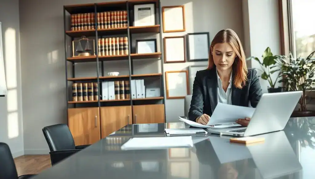 A professional office environment focused on the claims process, showcasing a confident businesswoman in a smart suit interacting with a client. In the foreground, the woman is seated at a sleek desk, reviewing legal documents and using a laptop. The client, dressed in a business casual attire, looks engaged and concerned as they discuss their case. In the middle, a shelf filled with law books and framed certifications emphasizes the seriousness of the process. The background features a large window with soft natural light pouring in, casting gentle shadows and creating a warm, inviting atmosphere. The lens captures a slight depth of field, keeping the subjects in sharp focus while subtly blurring the background, enhancing the professional tone of the scene. A professional office environment focused on the claims process, showcasing a confident businesswoman in a smart suit interacting with a client. In the foreground, the woman is seated at a sleek desk, reviewing legal documents and using a laptop. The client, dressed in a business casual attire, looks engaged and concerned as they discuss their case. In the middle, a shelf filled with law books and framed certifications emphasizes the seriousness of the process. The background features a large window with soft natural light pouring in, casting gentle shadows and creating a warm, inviting atmosphere. The lens captures a slight depth of field, keeping the subjects in sharp focus while subtly blurring the background, enhancing the professional tone of the scene.