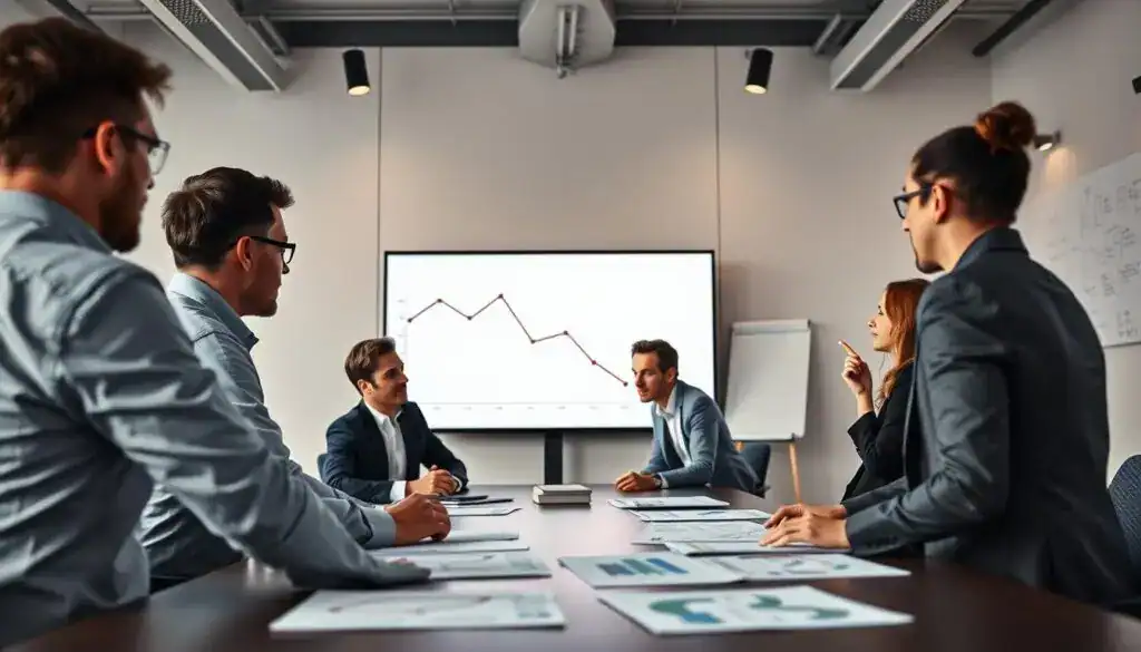 A professional office environment, focusing on a modern conference room where a spirited discussion is taking place. In the foreground, a diverse group of professionals (three men and two women) dressed in business attire, engaging in a brainstorming session over technical documents and charts spread on the large table. In the middle ground, a large screen displays a graph with a downward trend, symbolizing "kwestionować zaniżenia" (questioning undervaluations). The background shows whiteboards filled with notes and diagrams, illuminated by soft, warm lighting creating a collaborative atmosphere. The composition captures both determination and thoughtful analysis, reflecting an environment where every correction is rooted in technical understanding, shot at eye level with a slight depth of field for focus.