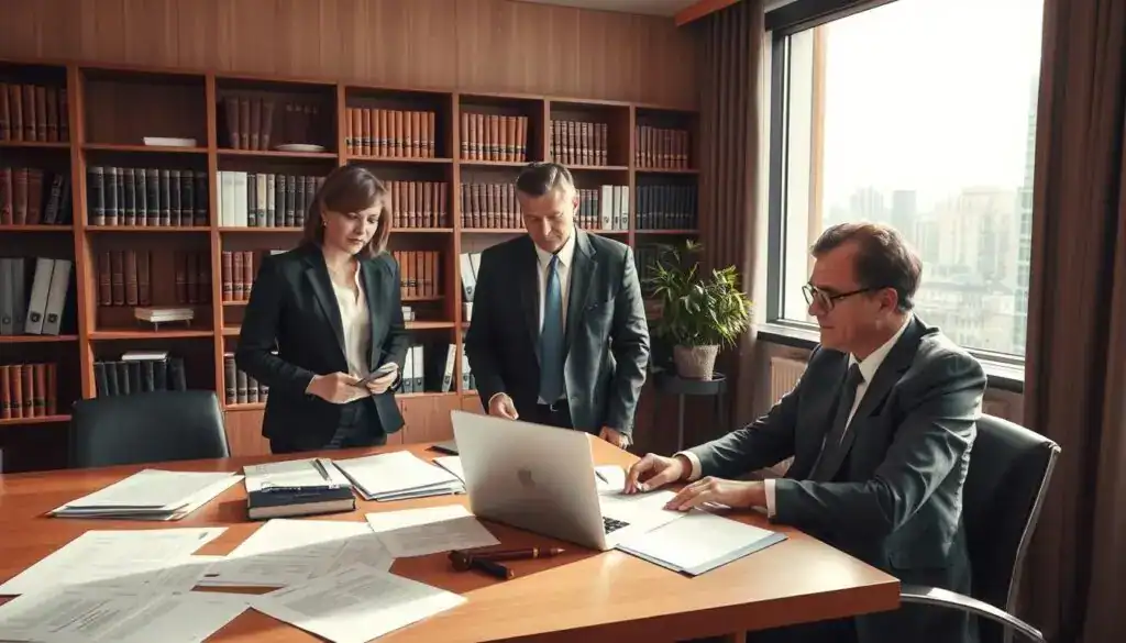 A professional office environment illustrating the concept of "trwałe skutki BGB" (permanent effects of the German Civil Code). In the foreground, a diverse group of two professionals—one standing and one seated—discussing over a table covered with legal documents and laptop. Both are dressed in business attire, exuding a sense of seriousness and collaboration. In the middle ground, a bookshelf filled with legal texts, highlighting German law, and a window allowing soft, natural light to illuminate the scene. The background features a cityscape, symbolizing the connection between law and society. Capture a mood of determination and focus, with warm color tones to create an inviting yet serious atmosphere. Use a slightly angled perspective to enhance depth and engagement. A professional office environment illustrating the concept of "trwałe skutki BGB" (permanent effects of the German Civil Code). In the foreground, a diverse group of two professionals—one standing and one seated—discussing over a table covered with legal documents and laptop. Both are dressed in business attire, exuding a sense of seriousness and collaboration. In the middle ground, a bookshelf filled with legal texts, highlighting German law, and a window allowing soft, natural light to illuminate the scene. The background features a cityscape, symbolizing the connection between law and society. Capture a mood of determination and focus, with warm color tones to create an inviting yet serious atmosphere. Use a slightly angled perspective to enhance depth and engagement.