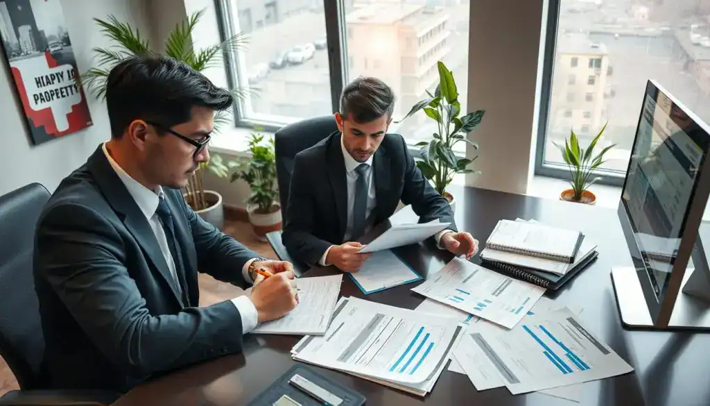 A professional office environment showcasing the procedure of filing a claim post-accident. In the foreground, a focused individual dressed in smart business attire sits at a sleek desk, filling out paperwork meticulously. The middle layer features a variety of documents, including claim forms and accident reports, neatly organized on the desk, alongside a computer with graphs indicating repair costs. In the background, large windows let in soft, natural light, illuminating a modern office space with plants and inspirational posters. The atmosphere is serious and efficient, emphasizing the importance of proper documentation and procedure. The angle captures a slight overhead view, giving a comprehensive view of the workspace and conveying a sense of professionalism. A professional office environment showcasing the procedure of filing a claim post-accident. In the foreground, a focused individual dressed in smart business attire sits at a sleek desk, filling out paperwork meticulously. The middle layer features a variety of documents, including claim forms and accident reports, neatly organized on the desk, alongside a computer with graphs indicating repair costs. In the background, large windows let in soft, natural light, illuminating a modern office space with plants and inspirational posters. The atmosphere is serious and efficient, emphasizing the importance of proper documentation and procedure. The angle captures a slight overhead view, giving a comprehensive view of the workspace and conveying a sense of professionalism.