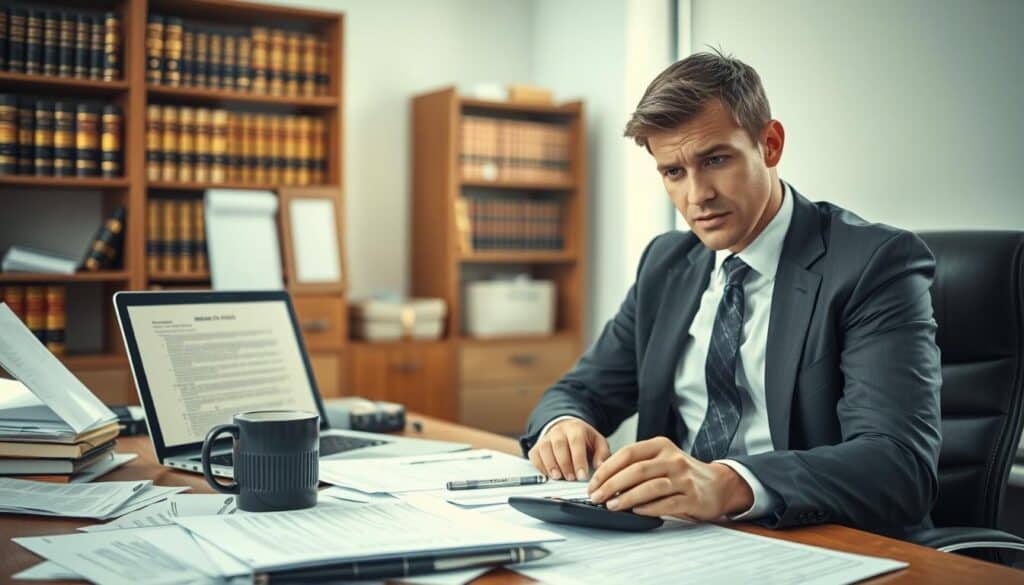 A professional office environment with a focus on the challenges of filing an insurance claim. In the foreground, a concerned individual dressed in smart business attire sits at a desk littered with paperwork and documents related to an insurance claim, looking stressed. In the middle ground, a laptop displays a complex insurance form, while a coffee mug and a calculator are nearby, symbolizing the need for calculation and attention to detail. In the background, a soft-focus bookshelf filled with legal and insurance texts suggests the weight of bureaucracy and legalese. Natural light streams in from a window, creating a calm yet tense atmosphere, illuminating the scene with a warm glow to emphasize the seriousness of the situation. The angle showcases the desk and the beleaguered individual, encapsulating the mood of uncertainty and complexity in dealing with claims. A professional office environment with a focus on the challenges of filing an insurance claim. In the foreground, a concerned individual dressed in smart business attire sits at a desk littered with paperwork and documents related to an insurance claim, looking stressed. In the middle ground, a laptop displays a complex insurance form, while a coffee mug and a calculator are nearby, symbolizing the need for calculation and attention to detail. In the background, a soft-focus bookshelf filled with legal and insurance texts suggests the weight of bureaucracy and legalese. Natural light streams in from a window, creating a calm yet tense atmosphere, illuminating the scene with a warm glow to emphasize the seriousness of the situation. The angle showcases the desk and the beleaguered individual, encapsulating the mood of uncertainty and complexity in dealing with claims.