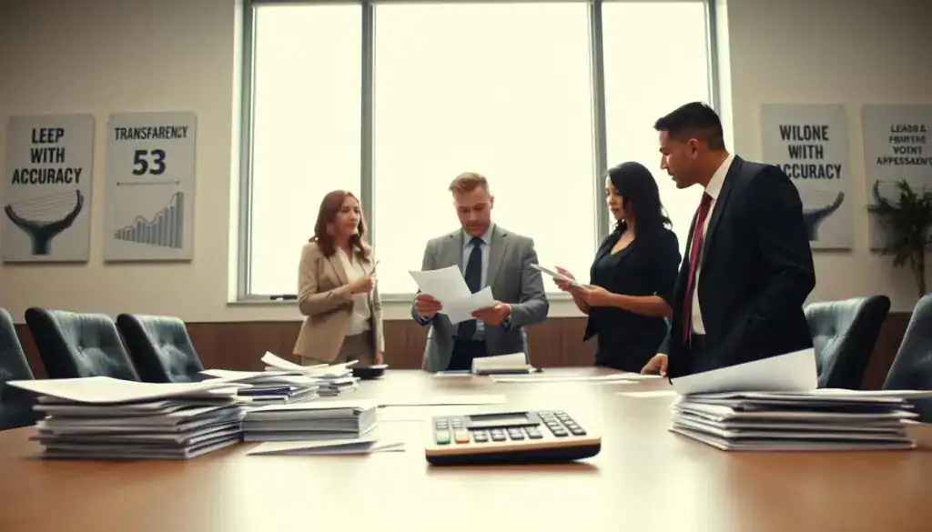 A professional office environment with a long conference table in the foreground, featuring piles of paperwork and a calculator, symbolizing financial calculations. In the middle, a diverse group of three people dressed in formal business attire are engaged in discussion; one points at a document while another takes notes. In the background, a large window allows soft, natural light to fill the room, creating a calm and focused atmosphere. The walls have motivational posters about transparency and accuracy. Capture the scene from a slightly elevated angle to emphasize both the group and the paperwork, conveying a sense of serious deliberation and attention to detail. A professional office environment with a long conference table in the foreground, featuring piles of paperwork and a calculator, symbolizing financial calculations. In the middle, a diverse group of three people dressed in formal business attire are engaged in discussion; one points at a document while another takes notes. In the background, a large window allows soft, natural light to fill the room, creating a calm and focused atmosphere. The walls have motivational posters about transparency and accuracy. Capture the scene from a slightly elevated angle to emphasize both the group and the paperwork, conveying a sense of serious deliberation and attention to detail.