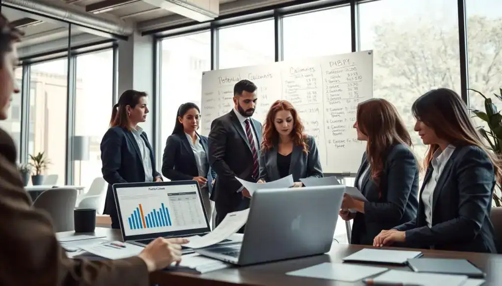 A professional office scene illustrating the concept of potential claims. In the foreground, a diverse group of business people, dressed in professional attire, engaged in a discussion over documents and a laptop displaying charts and graphs related to claims amounts. In the middle ground, a large whiteboard filled with notes and calculations about potential claims, adding a sense of collaboration and analysis. The background features a modern office with large windows, allowing natural light to flood the space, casting soft shadows for a welcoming atmosphere. The overall mood conveys seriousness and focus, with a slight sense of urgency. The camera angle is slightly above eye level, providing a comprehensive view of the discussion and workspace dynamics. A professional office scene illustrating the concept of potential claims. In the foreground, a diverse group of business people, dressed in professional attire, engaged in a discussion over documents and a laptop displaying charts and graphs related to claims amounts. In the middle ground, a large whiteboard filled with notes and calculations about potential claims, adding a sense of collaboration and analysis. The background features a modern office with large windows, allowing natural light to flood the space, casting soft shadows for a welcoming atmosphere. The overall mood conveys seriousness and focus, with a slight sense of urgency. The camera angle is slightly above eye level, providing a comprehensive view of the discussion and workspace dynamics.