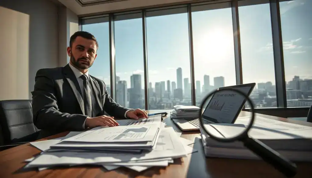 A professional office setting as the foreground features a confident insurance adjuster in a neat business suit analyzing a stack of documents related to claim settlements. In the middle, a large desk is cluttered with folders, a laptop displaying graphs and statistics, and a magnifying glass to emphasize scrutiny. In the background, a modern windowscape reveals a skyline, allowing natural light to flood the room, casting soft shadows that create a serious yet hopeful atmosphere. The lighting is bright and professional, capturing a mood of responsibility and diligence as the adjuster evaluates the legitimacy of claims. The angle is slightly low, focusing on the adjuster’s engaged expression and meticulous work, emphasizing the theme of accountability in insurance. No people should appear, creating an abstract representation of responsibility and analysis. A professional office setting as the foreground features a confident insurance adjuster in a neat business suit analyzing a stack of documents related to claim settlements. In the middle, a large desk is cluttered with folders, a laptop displaying graphs and statistics, and a magnifying glass to emphasize scrutiny. In the background, a modern windowscape reveals a skyline, allowing natural light to flood the room, casting soft shadows that create a serious yet hopeful atmosphere. The lighting is bright and professional, capturing a mood of responsibility and diligence as the adjuster evaluates the legitimacy of claims. The angle is slightly low, focusing on the adjuster’s engaged expression and meticulous work, emphasizing the theme of accountability in insurance. No people should appear, creating an abstract representation of responsibility and analysis.