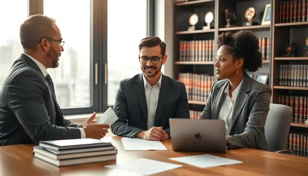 A professional office setting depicting a legal consultation about compensation for personal injury. In the foreground, a diverse group of three professionals, a male lawyer in a suit discussing with a female client in smart casual attire, both engaged in a serious conversation. On the table, legal documents and a laptop are visible. In the middle, a large window shows a softly lit cityscape, suggesting an afternoon setting with natural light streaming in. In the background, shelves filled with law books and awards add to the ambiance of professionalism. The mood is serious and focused, illustrating the importance of legal evaluation and compensation. The image should have soft, warm lighting to create a welcoming yet serious atmosphere. A professional office setting depicting a legal consultation about compensation for personal injury. In the foreground, a diverse group of three professionals, a male lawyer in a suit discussing with a female client in smart casual attire, both engaged in a serious conversation. On the table, legal documents and a laptop are visible. In the middle, a large window shows a softly lit cityscape, suggesting an afternoon setting with natural light streaming in. In the background, shelves filled with law books and awards add to the ambiance of professionalism. The mood is serious and focused, illustrating the importance of legal evaluation and compensation. The image should have soft, warm lighting to create a welcoming yet serious atmosphere.