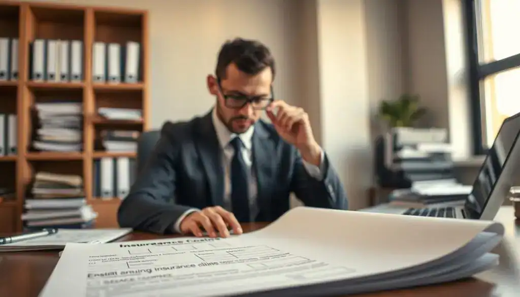 A professional office setting depicting a person in business attire sitting at a desk, focusing intently on filling out an insurance claim form. The foreground features a close-up of the claim form with clear details like boxes and lines for information. In the middle ground, the individual is shown with a thoughtful expression, surrounded by neatly organized files and a laptop displaying insurance documents. The background contains a blurred bookshelf filled with insurance-related literature and a window with soft, natural light streaming in, creating a calm and diligent atmosphere. Use warm lighting to emphasize focus and professionalism, capturing the mood of responsibility and care associated with filing an insurance claim. A professional office setting depicting a person in business attire sitting at a desk, focusing intently on filling out an insurance claim form. The foreground features a close-up of the claim form with clear details like boxes and lines for information. In the middle ground, the individual is shown with a thoughtful expression, surrounded by neatly organized files and a laptop displaying insurance documents. The background contains a blurred bookshelf filled with insurance-related literature and a window with soft, natural light streaming in, creating a calm and diligent atmosphere. Use warm lighting to emphasize focus and professionalism, capturing the mood of responsibility and care associated with filing an insurance claim.