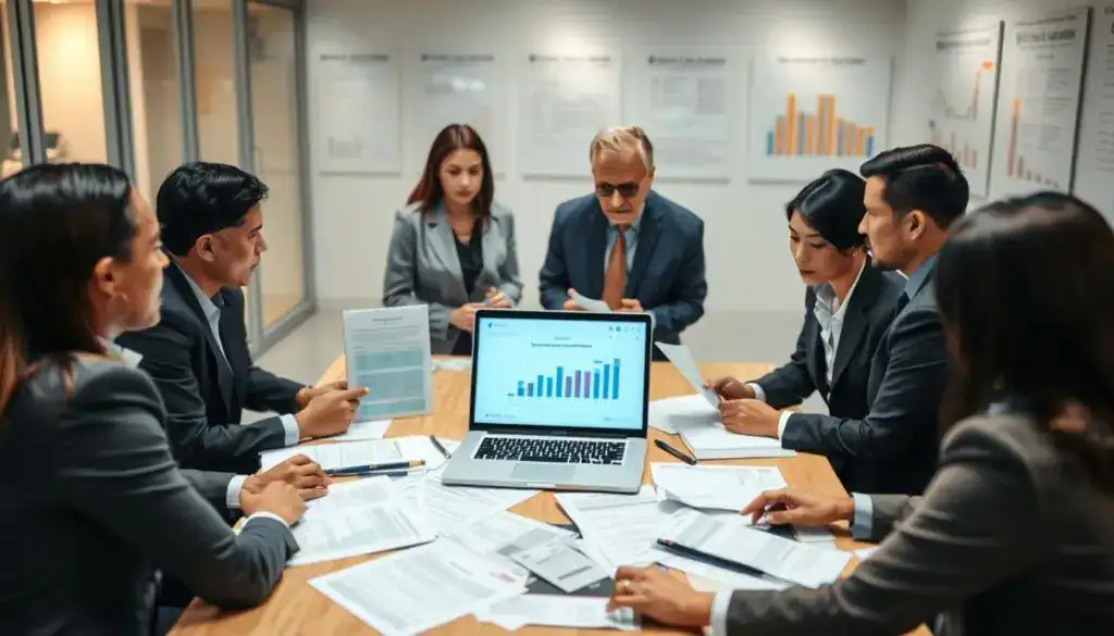 A professional office setting depicting an insurance claims process. In the foreground, a diverse group of individuals in business attire, engaged in a serious discussion around a table filled with paperwork and documents related to vehicle compensation claims. The middle ground features a laptop displaying a claims management software, alongside various documents being examined. The background shows a modern office environment with glass partitions, soft lighting creating a calm atmosphere, and wall-mounted charts illustrating claim statistics. The overall mood conveys a sense of diligence and professionalism, highlighting the importance of addressing grievances and appeals in the context of automotive compensation. Use a warm color palette and a wide-angle lens to capture the entire scene. A professional office setting depicting an insurance claims process. In the foreground, a diverse group of individuals in business attire, engaged in a serious discussion around a table filled with paperwork and documents related to vehicle compensation claims. The middle ground features a laptop displaying a claims management software, alongside various documents being examined. The background shows a modern office environment with glass partitions, soft lighting creating a calm atmosphere, and wall-mounted charts illustrating claim statistics. The overall mood conveys a sense of diligence and professionalism, highlighting the importance of addressing grievances and appeals in the context of automotive compensation. Use a warm color palette and a wide-angle lens to capture the entire scene.