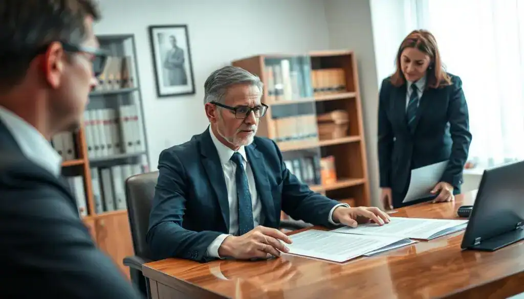 A professional office setting featuring a compassionate lawyer discussing a case with a client. In the foreground, the lawyer, dressed in a sharp navy suit, gestures towards legal documents laid out on a polished oak desk. The client, a middle-aged individual in formal business attire, listens attentively, showing a mix of concern and hope. In the middle ground, a bookshelf filled with legal texts and case files adds depth to the scene. Soft, natural light filters through a window, creating a warm and inviting atmosphere, enhancing the sense of trust and professionalism. In the background, blurred office decor hints at a law firm's focus, supporting the mood of assistance and clarity surrounding legal help after an accident. A professional office setting featuring a compassionate lawyer discussing a case with a client. In the foreground, the lawyer, dressed in a sharp navy suit, gestures towards legal documents laid out on a polished oak desk. The client, a middle-aged individual in formal business attire, listens attentively, showing a mix of concern and hope. In the middle ground, a bookshelf filled with legal texts and case files adds depth to the scene. Soft, natural light filters through a window, creating a warm and inviting atmosphere, enhancing the sense of trust and professionalism. In the background, blurred office decor hints at a law firm's focus, supporting the mood of assistance and clarity surrounding legal help after an accident.