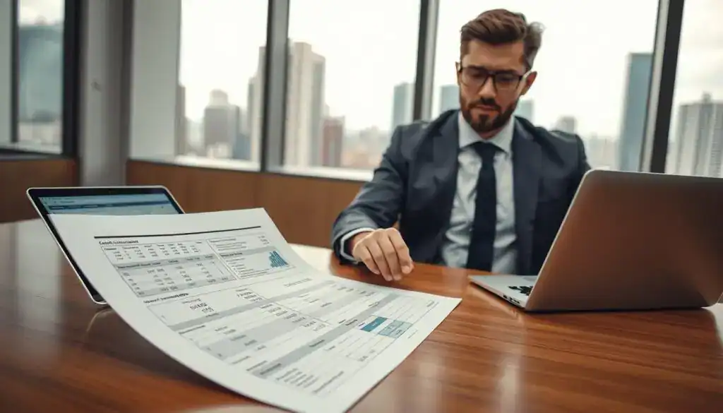 A professional office setting featuring a confident, business-attired individual reviewing a car damage assessment document at a sleek wooden desk. In the foreground, the paperwork highlights the total loss calculations and future insurance implications. The middle space shows a partially visible laptop displaying a spreadsheet with financial figures and data charts about car values and repair costs. In the background, large windows allow natural light to flood the room, revealing a cityscape that symbolizes progress and opportunity. The mood is serious yet hopeful, with soft diffused lighting enhancing the sense of professionalism and focus. The image should convey the complexity and importance of insurance assessments in a modern setting, emphasizing financial responsibility and future planning. A professional office setting featuring a confident, business-attired individual reviewing a car damage assessment document at a sleek wooden desk. In the foreground, the paperwork highlights the total loss calculations and future insurance implications. The middle space shows a partially visible laptop displaying a spreadsheet with financial figures and data charts about car values and repair costs. In the background, large windows allow natural light to flood the room, revealing a cityscape that symbolizes progress and opportunity. The mood is serious yet hopeful, with soft diffused lighting enhancing the sense of professionalism and focus. The image should convey the complexity and importance of insurance assessments in a modern setting, emphasizing financial responsibility and future planning.