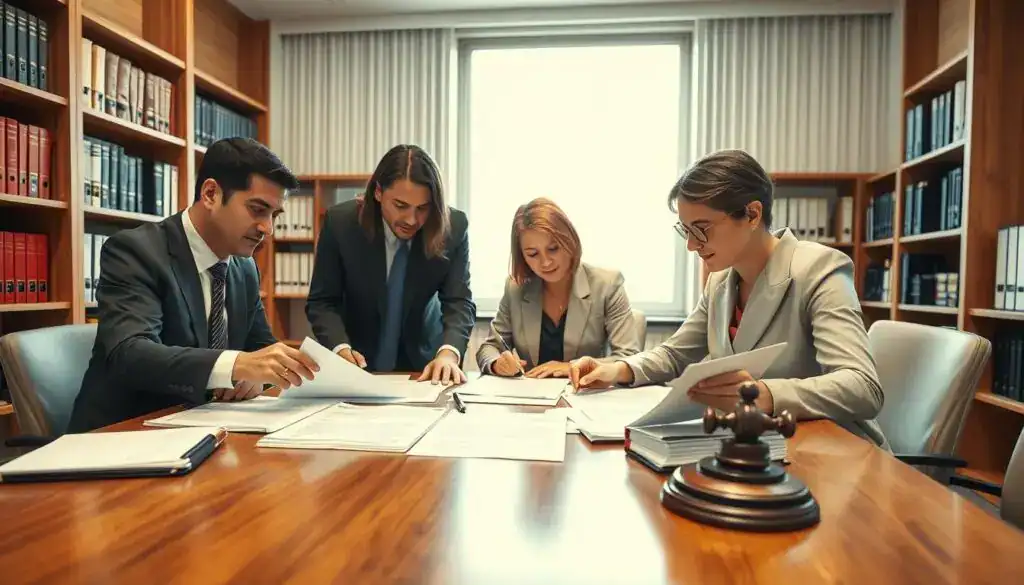 A professional office setting focused on the intricate process of reviewing legal documents, emphasizing the theme of careful consideration in handling German law documents. In the foreground, a diverse group of three professionals in business attire is gathered around a polished wooden table, examining an array of official papers and contracts. One person is pointing out a detail on a document, while another takes notes. The middle ground features a large window allowing natural light to flood the room, illuminating the documents on the table. In the background, shelves lined with legal books and folders represent a well-organized library, conveying a serious and thoughtful atmosphere. The lighting is bright and clear, capturing the diligence required in document analysis. The overall mood is focused and attentive, highlighting the importance of accuracy and caution in legal matters. A professional office setting focused on the intricate process of reviewing legal documents, emphasizing the theme of careful consideration in handling German law documents. In the foreground, a diverse group of three professionals in business attire is gathered around a polished wooden table, examining an array of official papers and contracts. One person is pointing out a detail on a document, while another takes notes. The middle ground features a large window allowing natural light to flood the room, illuminating the documents on the table. In the background, shelves lined with legal books and folders represent a well-organized library, conveying a serious and thoughtful atmosphere. The lighting is bright and clear, capturing the diligence required in document analysis. The overall mood is focused and attentive, highlighting the importance of accuracy and caution in legal matters.