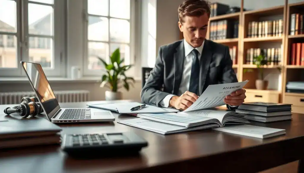 A professional office setting focused on the process of calculating compensation in accordance with § 249 BGB. In the foreground, a well-organized desk with a calculator, legal documents, and a laptop displaying financial data. A business professional, dressed in a tailored suit, is intently reviewing papers and making notes, capturing a sense of focus and diligence. The middle ground features an open window allowing soft natural light to illuminate the space, casting gentle shadows that add depth. The background shows a bookshelf lined with legal texts and a plant adding a touch of warmth. The atmosphere is serious yet optimistic, reflecting the importance of accurate calculations for fair compensation. The scene is depicted with a slight depth of field to emphasize the subject in action. A professional office setting focused on the process of calculating compensation in accordance with § 249 BGB. In the foreground, a well-organized desk with a calculator, legal documents, and a laptop displaying financial data. A business professional, dressed in a tailored suit, is intently reviewing papers and making notes, capturing a sense of focus and diligence. The middle ground features an open window allowing soft natural light to illuminate the space, casting gentle shadows that add depth. The background shows a bookshelf lined with legal texts and a plant adding a touch of warmth. The atmosphere is serious yet optimistic, reflecting the importance of accurate calculations for fair compensation. The scene is depicted with a slight depth of field to emphasize the subject in action.