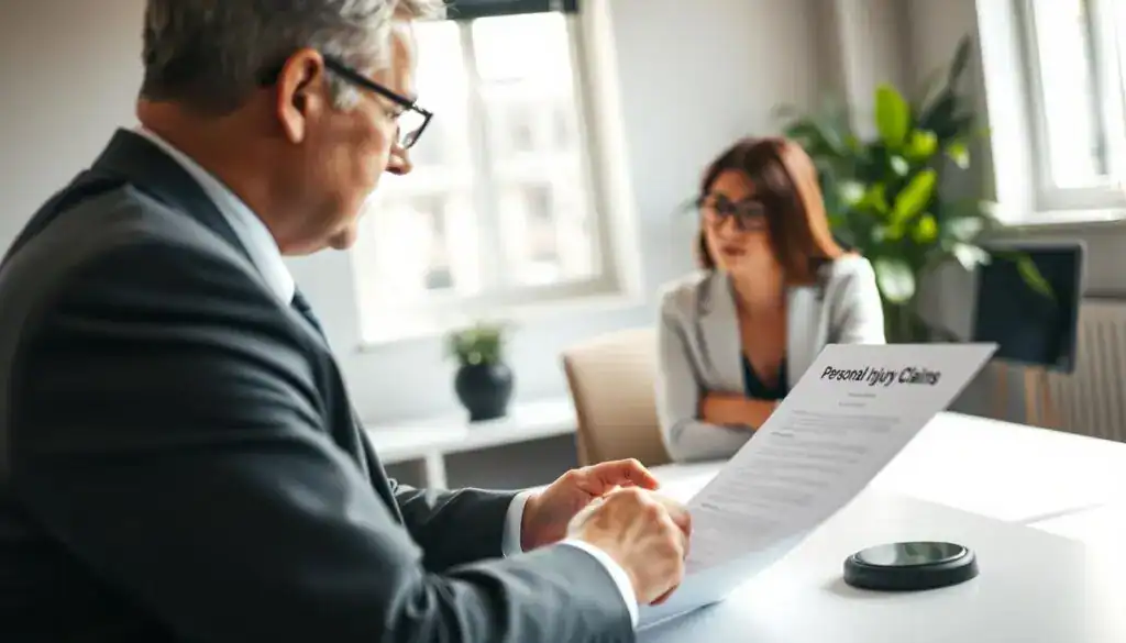 A professional office setting, focusing on a well-dressed lawyer or claims adjuster discussing personal injury claims with a client. In the foreground, the lawyer, a middle-aged person in a tailored suit, is seated at a modern desk, reviewing a file labeled "Personal Injury Claims." The client, a young adult in smart casual attire, looks attentive and concerned. In the middle background, a window allows natural sunlight to illuminate the room, casting soft shadows. A potted plant adds a touch of warmth. The atmosphere feels serious yet compassionate, reflecting the gravity of health-related damages and the claims process. The image should be well-lit, with a depth-of-field effect to subtly blur the background, emphasizing the interaction at the desk. A professional office setting, focusing on a well-dressed lawyer or claims adjuster discussing personal injury claims with a client. In the foreground, the lawyer, a middle-aged person in a tailored suit, is seated at a modern desk, reviewing a file labeled "Personal Injury Claims." The client, a young adult in smart casual attire, looks attentive and concerned. In the middle background, a window allows natural sunlight to illuminate the room, casting soft shadows. A potted plant adds a touch of warmth. The atmosphere feels serious yet compassionate, reflecting the gravity of health-related damages and the claims process. The image should be well-lit, with a depth-of-field effect to subtly blur the background, emphasizing the interaction at the desk.