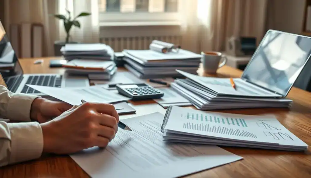A professional office setting, focusing on a wooden desk cluttered with various documents, insurance papers, and a laptop displaying financial charts. In the foreground, a pair of hands, one holding a pen and the other pointing at a document, signaling the review of claims. In the middle ground, a neatly stacked pile of organized files, with a calculator and a cup of coffee beside them, indicating diligence and analysis. The background shows a window with natural light streaming in, casting soft shadows that add warmth to the scene. The atmosphere is focused and serious, reflecting the importance of documentation in the claims process. Shot with a slightly angled perspective, using a shallow depth of field to emphasize the desk and hands, evoking a sense of professionalism and attention to detail. A professional office setting, focusing on a wooden desk cluttered with various documents, insurance papers, and a laptop displaying financial charts. In the foreground, a pair of hands, one holding a pen and the other pointing at a document, signaling the review of claims. In the middle ground, a neatly stacked pile of organized files, with a calculator and a cup of coffee beside them, indicating diligence and analysis. The background shows a window with natural light streaming in, casting soft shadows that add warmth to the scene. The atmosphere is focused and serious, reflecting the importance of documentation in the claims process. Shot with a slightly angled perspective, using a shallow depth of field to emphasize the desk and hands, evoking a sense of professionalism and attention to detail.