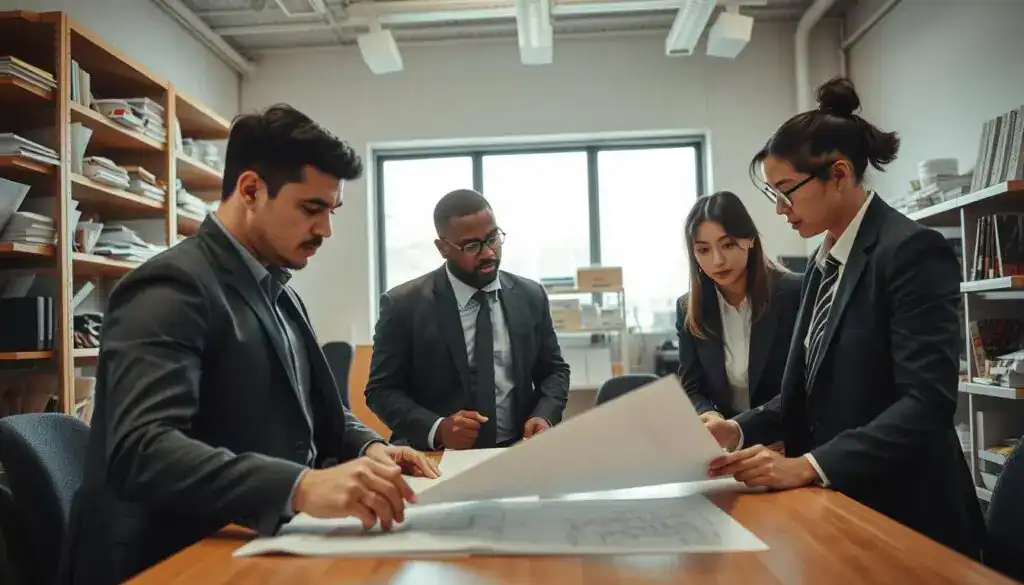 A professional office setting illustrating "responsibility for repairs." In the foreground, a diverse group of three individuals in business attire, engaged in a focused discussion, examining technical documents and blueprints on a table. In the middle, a large window allowing natural light to flood the room, illuminating a backdrop filled with shelves of technical manuals and repair tools. The atmosphere is serious yet collaborative, conveying a sense of duty and accountability. Soft lighting emphasizes the details of the documents and expressions of the subjects, who are looking thoughtfully at the table. The angle is slightly elevated, capturing the intensity of their conversation while still showcasing the surrounding office environment, fostering a mood of professionalism and teamwork. A professional office setting illustrating "responsibility for repairs." In the foreground, a diverse group of three individuals in business attire, engaged in a focused discussion, examining technical documents and blueprints on a table. In the middle, a large window allowing natural light to flood the room, illuminating a backdrop filled with shelves of technical manuals and repair tools. The atmosphere is serious yet collaborative, conveying a sense of duty and accountability. Soft lighting emphasizes the details of the documents and expressions of the subjects, who are looking thoughtfully at the table. The angle is slightly elevated, capturing the intensity of their conversation while still showcasing the surrounding office environment, fostering a mood of professionalism and teamwork.