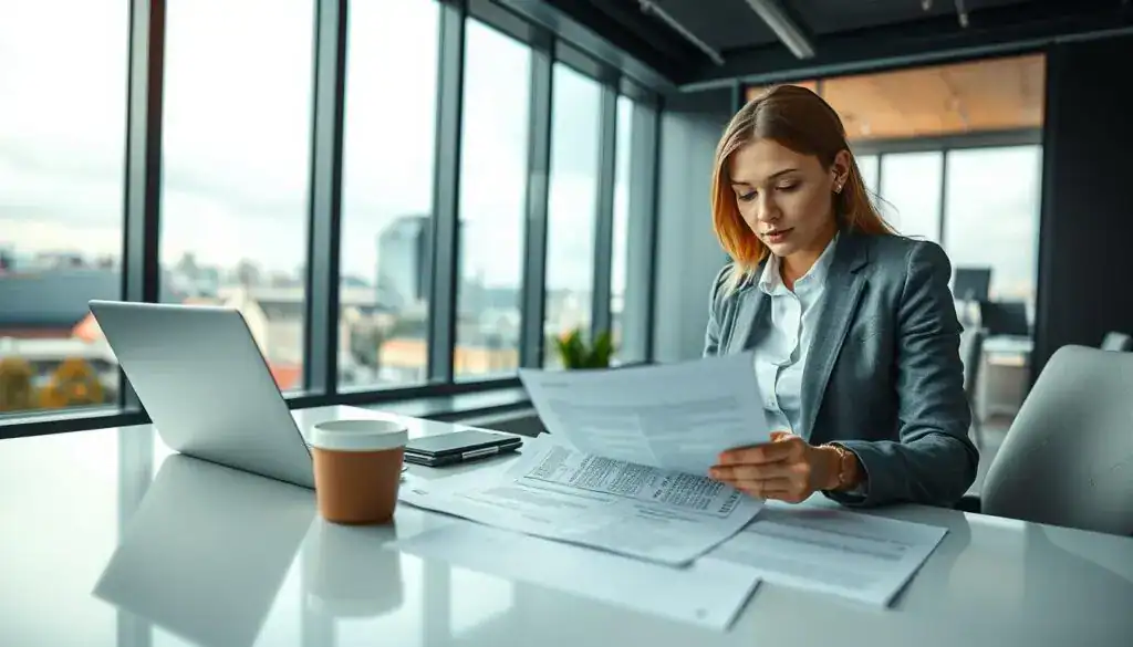 A professional office setting in Germany, focusing on a confident businesswoman dressed in formal attire, reviewing documents related to accident compensation claims. In the foreground, she examines a detailed insurance policy and claim forms spread across a sleek, modern desk, with a laptop and a cup of coffee nearby. The middle ground features a large window that lets in soft, natural light, illuminating the space with a warm ambiance. In the background, a cityscape of Berlin can be seen, hinting at a bustling urban environment. The overall mood is focused and determined, conveying a sense of empowerment and professionalism in obtaining rightful compensation for accidents. The photograph is shot from a slight angle to capture both the subject and the view outside, with a shallow depth of field to add emphasis.