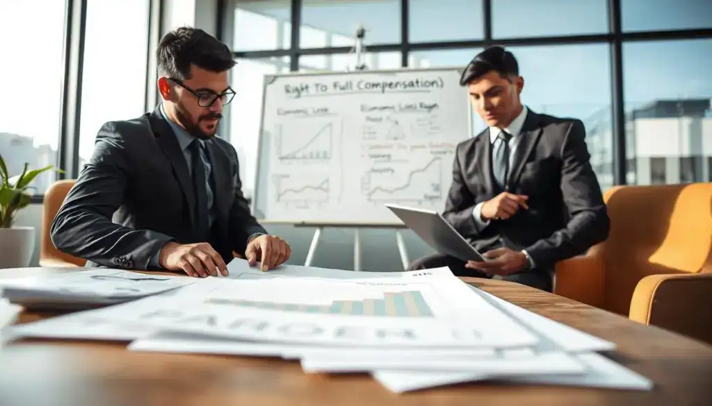 A professional office setting in the foreground, featuring a diverse group of three individuals in business attire, engaged in a serious discussion over a set of documents and a laptop. One person is pointing to a graph illustrating economic losses, while another takes notes. In the middle ground, a large whiteboard displays charts and phrases related to financial compensation. The background shows a modern office environment with large windows allowing natural light to flood the room, casting soft shadows. The atmosphere is tense yet focused, reflecting the importance of understanding the right to full compensation for material damage. The image should convey a sense of urgency and professionalism, captured with a shallow depth of field to highlight the discussion. A professional office setting in the foreground, featuring a diverse group of three individuals in business attire, engaged in a serious discussion over a set of documents and a laptop. One person is pointing to a graph illustrating economic losses, while another takes notes. In the middle ground, a large whiteboard displays charts and phrases related to financial compensation. The background shows a modern office environment with large windows allowing natural light to flood the room, casting soft shadows. The atmosphere is tense yet focused, reflecting the importance of understanding the right to full compensation for material damage. The image should convey a sense of urgency and professionalism, captured with a shallow depth of field to highlight the discussion.