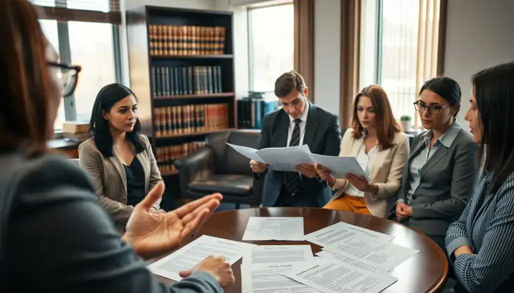 A professional office setting, showcasing a diverse group of individuals engaged in a discussion around a round table. The foreground features a person in business attire, gesturing towards documents spread across the table that reference BGB rental and appeals processes. In the middle ground, two colleagues examine papers with thoughtful expressions, symbolizing critical analysis and decision-making. The background includes a bookshelf filled with legal texts and a window letting in warm natural light, creating an inviting atmosphere. A soft focus on the window highlights the importance of clarity and transparency in the appeal process. The mood is serious yet collaborative, emphasizing a supportive environment for addressing concerns regarding capacity loss or increased needs. A professional office setting, showcasing a diverse group of individuals engaged in a discussion around a round table. The foreground features a person in business attire, gesturing towards documents spread across the table that reference BGB rental and appeals processes. In the middle ground, two colleagues examine papers with thoughtful expressions, symbolizing critical analysis and decision-making. The background includes a bookshelf filled with legal texts and a window letting in warm natural light, creating an inviting atmosphere. A soft focus on the window highlights the importance of clarity and transparency in the appeal process. The mood is serious yet collaborative, emphasizing a supportive environment for addressing concerns regarding capacity loss or increased needs.
