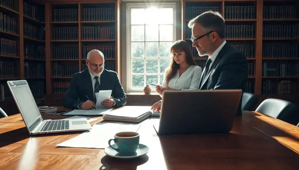 A professional office setting with a large wooden desk in the foreground, featuring an open laptop, neatly organized legal documents, and a cup of coffee. In the middle, a lawyer in a tailored suit, focused and taking notes, engages in a discussion with a client, who is attentively listening while holding a pen and notepad. The background showcases a large bookshelf filled with law books and a window allowing natural light to stream in, creating a warm and inviting atmosphere. Soft shadows add depth, and a slight lens flare highlights the importance of the moment. The mood is serious yet collaborative, emphasizing the significance of legal advice in the context of statute limitations and compensation claims. A professional office setting with a large wooden desk in the foreground, featuring an open laptop, neatly organized legal documents, and a cup of coffee. In the middle, a lawyer in a tailored suit, focused and taking notes, engages in a discussion with a client, who is attentively listening while holding a pen and notepad. The background showcases a large bookshelf filled with law books and a window allowing natural light to stream in, creating a warm and inviting atmosphere. Soft shadows add depth, and a slight lens flare highlights the importance of the moment. The mood is serious yet collaborative, emphasizing the significance of legal advice in the context of statute limitations and compensation claims.