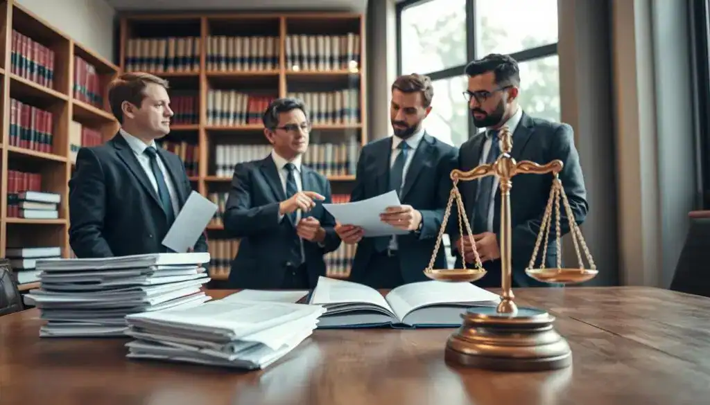 A professional office setting with a large wooden desk in the foreground stacked with legal documents and a balanced scale symbolizing justice. In the middle, a diverse group of business professionals—two men and one woman—are deeply engaged in a discussion, each wearing smart business attire. One is pointing at an open legal text, while the others listen attentively. In the background, a bookcase filled with law books and a window with soft, natural light filtering through, creating a warm and inviting atmosphere. The overall mood conveys cooperation and professionalism, suggesting a serious yet constructive dialogue about rights and financial claims in legal contexts. The angle captures both the desk and the engaged professionals, emphasizing their dynamic interaction. A professional office setting with a large wooden desk in the foreground stacked with legal documents and a balanced scale symbolizing justice. In the middle, a diverse group of business professionals—two men and one woman—are deeply engaged in a discussion, each wearing smart business attire. One is pointing at an open legal text, while the others listen attentively. In the background, a bookcase filled with law books and a window with soft, natural light filtering through, creating a warm and inviting atmosphere. The overall mood conveys cooperation and professionalism, suggesting a serious yet constructive dialogue about rights and financial claims in legal contexts. The angle captures both the desk and the engaged professionals, emphasizing their dynamic interaction.