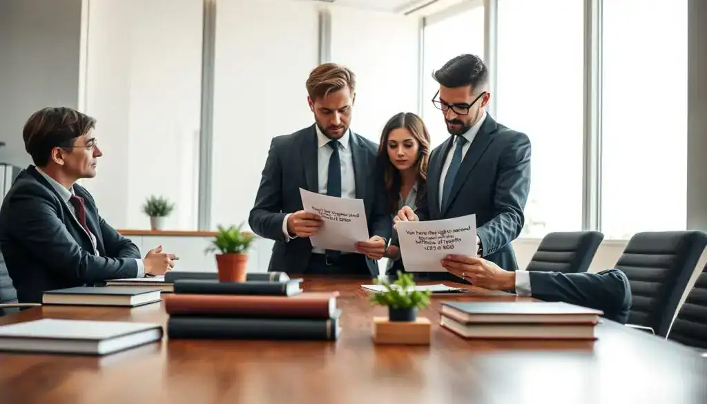 A professional office setting with a sleek wooden conference table in the foreground, adorned with legal books on contract law and a small potted plant. In the middle, a diverse group of three business professionals—two men and one woman—are engaged in a serious discussion, all dressed in formal business attire. They are analyzing papers that highlight the legal text "You have the right to demand a technical justification of parts. § 249 BGB". In the background, large windows allow natural light to flood the room, creating a bright, focused atmosphere. The ambiance conveys a sense of professionalism, diligence, and legal expertise, with soft, balanced lighting emphasizing the importance of the discussion without distractions. The camera angle captures the intensity of the conversation, showcasing their concentrated expressions. A professional office setting with a sleek wooden conference table in the foreground, adorned with legal books on contract law and a small potted plant. In the middle, a diverse group of three business professionals—two men and one woman—are engaged in a serious discussion, all dressed in formal business attire. They are analyzing papers that highlight the legal text "You have the right to demand a technical justification of parts. § 249 BGB". In the background, large windows allow natural light to flood the room, creating a bright, focused atmosphere. The ambiance conveys a sense of professionalism, diligence, and legal expertise, with soft, balanced lighting emphasizing the importance of the discussion without distractions. The camera angle captures the intensity of the conversation, showcasing their concentrated expressions.