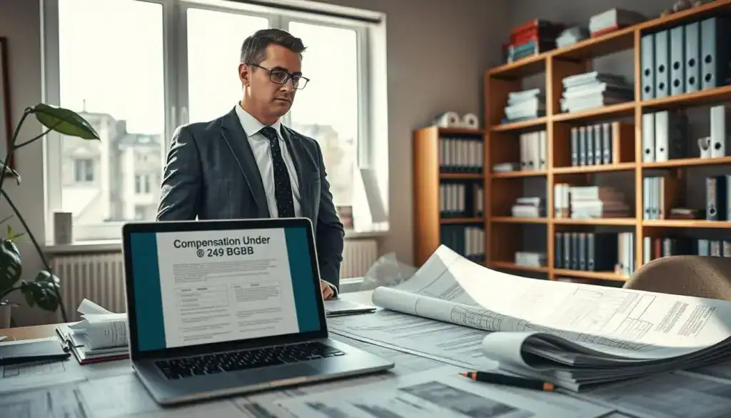 A professional property appraiser stands confidently in a well-lit office, surrounded by documents and modern technology related to property assessments. In the foreground, a detailed desk cluttered with blueprints and a laptop displays a report titled "Compensation Under § 249 BGB." The middle ground features a large window allowing natural light to illuminate the space, casting soft shadows. Background elements include shelves filled with property valuation books, adding to the atmosphere of expertise and diligence. The appraiser, dressed in smart business attire, gazes thoughtfully at the documents, captured from a slightly angled perspective to convey depth. The overall mood is one of professionalism and focus, emphasizing the important role of property appraisers in documentation and detection. A professional property appraiser stands confidently in a well-lit office, surrounded by documents and modern technology related to property assessments. In the foreground, a detailed desk cluttered with blueprints and a laptop displays a report titled "Compensation Under § 249 BGB." The middle ground features a large window allowing natural light to illuminate the space, casting soft shadows. Background elements include shelves filled with property valuation books, adding to the atmosphere of expertise and diligence. The appraiser, dressed in smart business attire, gazes thoughtfully at the documents, captured from a slightly angled perspective to convey depth. The overall mood is one of professionalism and focus, emphasizing the important role of property appraisers in documentation and detection.