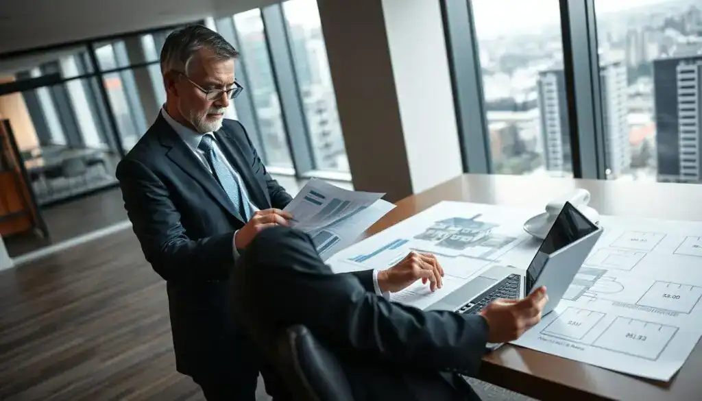 A professional real estate appraiser examining a property inside a modern office. In the foreground, a focused middle-aged man wearing a smart suit is analyzing documents and using a laptop, with graphs and charts visible on the screen. In the middle ground, a detailed layout of a residential property is displayed on a large table, showcasing various measurements and notes. The background features floor-to-ceiling windows with city views, allowing natural light to flood the space. The atmosphere is serious and professional, suggesting careful valuation and analysis. Soft lighting enhances the clarity of the workspace and highlights the important details without distractions. A professional real estate appraiser examining a property inside a modern office. In the foreground, a focused middle-aged man wearing a smart suit is analyzing documents and using a laptop, with graphs and charts visible on the screen. In the middle ground, a detailed layout of a residential property is displayed on a large table, showcasing various measurements and notes. The background features floor-to-ceiling windows with city views, allowing natural light to flood the space. The atmosphere is serious and professional, suggesting careful valuation and analysis. Soft lighting enhances the clarity of the workspace and highlights the important details without distractions.