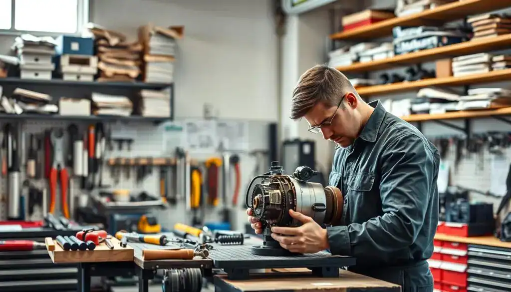 A professional repair technician working diligently in a well-lit workshop, surrounded by various tools and equipment. The technician, dressed in smart work clothing, is focused on a complex mechanical device on a sturdy workbench. The workspace is organized, showcasing intricately arranged tools and spare parts in the background, emphasizing a sense of order. Soft, diffused natural light from a large window illuminates the scene, casting gentle shadows and highlighting the technician's concentration. In the background, shelves filled with repair manuals and parts contribute to the atmosphere of a specialized repair environment. The overall mood is focused and industrious, symbolizing efficiency and the importance of timely repairs. A professional repair technician working diligently in a well-lit workshop, surrounded by various tools and equipment. The technician, dressed in smart work clothing, is focused on a complex mechanical device on a sturdy workbench. The workspace is organized, showcasing intricately arranged tools and spare parts in the background, emphasizing a sense of order. Soft, diffused natural light from a large window illuminates the scene, casting gentle shadows and highlighting the technician's concentration. In the background, shelves filled with repair manuals and parts contribute to the atmosphere of a specialized repair environment. The overall mood is focused and industrious, symbolizing efficiency and the importance of timely repairs.