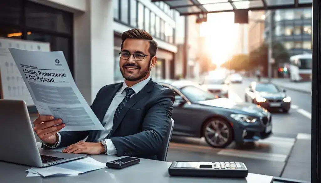 A professional scene depicting the concept of vehicle liability insurance (ubezpieczenie OC pojazdu). In the foreground, a confident business person in a sharp suit is reviewing an insurance policy document while sitting at a modern desk, with a laptop and a calculator nearby. In the middle ground, a sleek, shiny car is parked, symbolizing a protected vehicle, while a city street with subtle traffic flows in the background, suggesting daily life. Soft, natural lighting streams in from a nearby window, creating a warm and focused atmosphere. The camera angle is slightly above eye level, capturing the professional essence of the subject and highlighting the importance of responsible vehicle ownership and insurance coverage. The overall mood is optimistic and reassuring, emphasizing safety and responsibility. A professional scene depicting the concept of vehicle liability insurance (ubezpieczenie OC pojazdu). In the foreground, a confident business person in a sharp suit is reviewing an insurance policy document while sitting at a modern desk, with a laptop and a calculator nearby. In the middle ground, a sleek, shiny car is parked, symbolizing a protected vehicle, while a city street with subtle traffic flows in the background, suggesting daily life. Soft, natural lighting streams in from a nearby window, creating a warm and focused atmosphere. The camera angle is slightly above eye level, capturing the professional essence of the subject and highlighting the importance of responsible vehicle ownership and insurance coverage. The overall mood is optimistic and reassuring, emphasizing safety and responsibility.