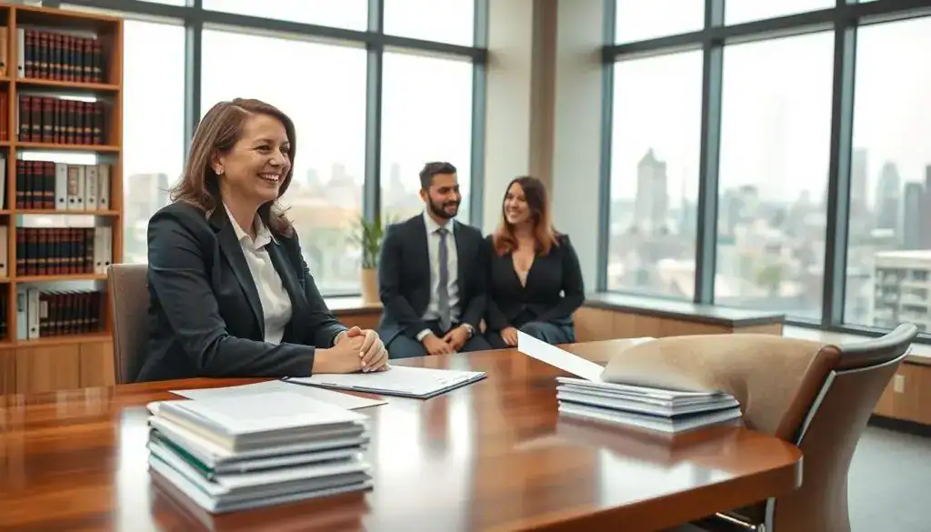 A professional setting depicting a legal advisor's office. In the foreground, a well-dressed legal advisor, a middle-aged woman, is seated at a polished wooden desk stacked with legal documents and a laptop, smiling warmly at a young couple across from her. They appear engaged and attentive, dressed in smart casual attire, reflecting a sense of trust and collaboration. In the middle, large windows let in soft, natural light, illuminating bookshelves filled with law books and a potted plant. In the background, a city skyline is visible through the glass, enhancing a modern, professional atmosphere. The mood is optimistic and encouraging, inviting the viewer to consider the importance of finding the right legal counsel. A professional setting depicting a legal advisor's office. In the foreground, a well-dressed legal advisor, a middle-aged woman, is seated at a polished wooden desk stacked with legal documents and a laptop, smiling warmly at a young couple across from her. They appear engaged and attentive, dressed in smart casual attire, reflecting a sense of trust and collaboration. In the middle, large windows let in soft, natural light, illuminating bookshelves filled with law books and a potted plant. In the background, a city skyline is visible through the glass, enhancing a modern, professional atmosphere. The mood is optimistic and encouraging, inviting the viewer to consider the importance of finding the right legal counsel.