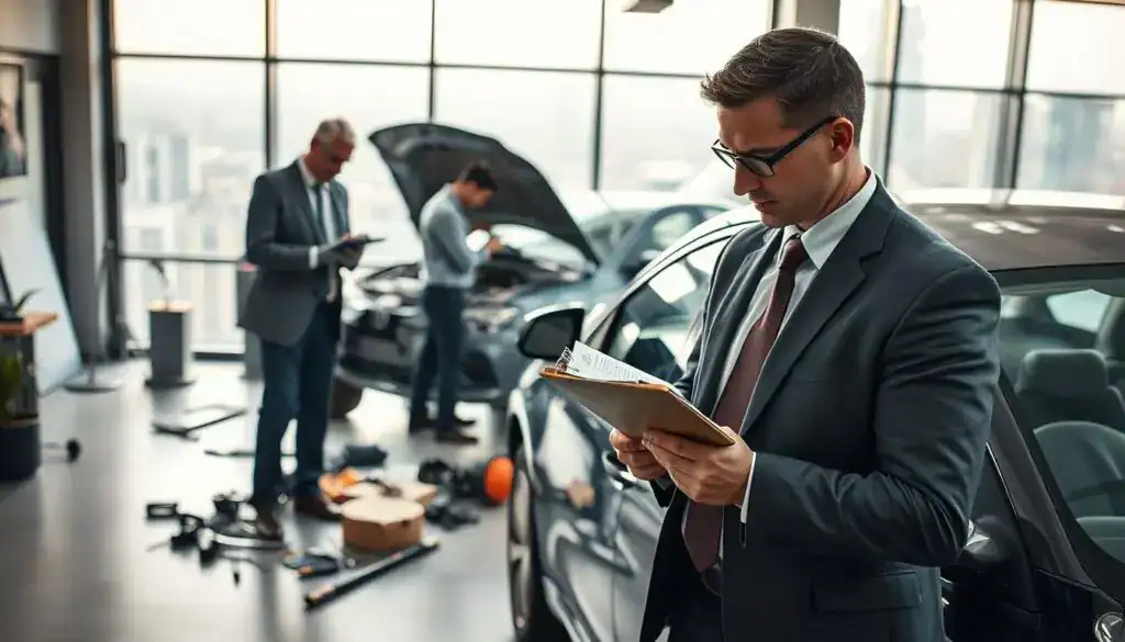 A professional setting depicting an office environment focused on the theme of vehicle damage assessment, illustrating the legal context of § 249 BGB. In the foreground, a business professional in a tailored suit examines a damaged car, taking notes on a clipboard. In the middle ground, a mechanic is inspecting the car while tools and parts are scattered around, emphasizing the repair process. In the background, a large window shows a cityscape with soft, natural daylight illuminating the scene, creating a focused atmosphere. The image should convey a sense of seriousness and professionalism, highlighting the importance of accurately assessing vehicle damage in a legal context. The angle should be slightly above eye level, giving a comprehensive view of the scene without any text or watermarks.