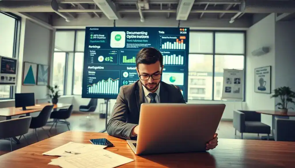 A professional setting depicting the concept of App Store Optimization (ASO) and documentation impact. In the foreground, a focused individual in business attire analyzes mobile app analytics on a sleek laptop, surrounded by graphs and performance metrics. The middle layer shows a large digital screen displaying app store rankings, icons, and keywords. The background features an office with modern furniture, large windows allowing natural light, and motivational posters about optimization and growth. The atmosphere is one of productivity and innovation, with a soft warm light creating a welcoming yet professional mood. The angle is slightly above eye level, giving a comprehensive view of the workspace. A professional setting depicting the concept of App Store Optimization (ASO) and documentation impact. In the foreground, a focused individual in business attire analyzes mobile app analytics on a sleek laptop, surrounded by graphs and performance metrics. The middle layer shows a large digital screen displaying app store rankings, icons, and keywords. The background features an office with modern furniture, large windows allowing natural light, and motivational posters about optimization and growth. The atmosphere is one of productivity and innovation, with a soft warm light creating a welcoming yet professional mood. The angle is slightly above eye level, giving a comprehensive view of the workspace.