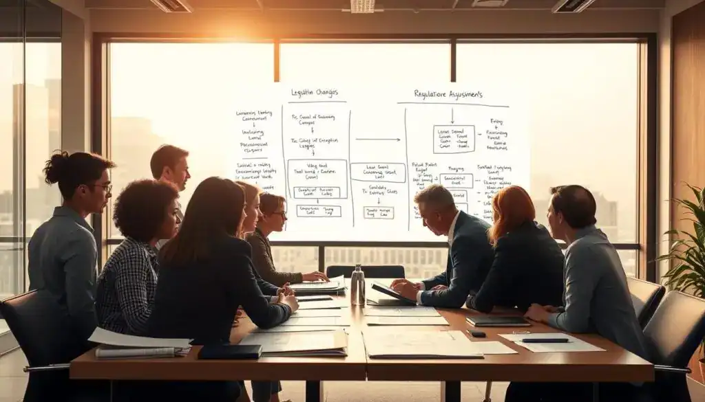 A professional setting depicting the impact of regulatory changes on property value assessments. In the foreground, a diverse group of professionals in business attire engaged in a serious discussion around a large table filled with charts and documents. The middle ground features a large whiteboard filled with diagrams illustrating the relationship between legislation changes and valuation adjustments. In the background, a large window reveals a city skyline under soft, natural light, casting a bright atmosphere. The scene captures a sense of urgency and focus, with warm lighting and a slightly blurred focus on the background to emphasize the discussion's importance. The overall mood is analytical and contemplative, reflecting the serious nature of the topic.