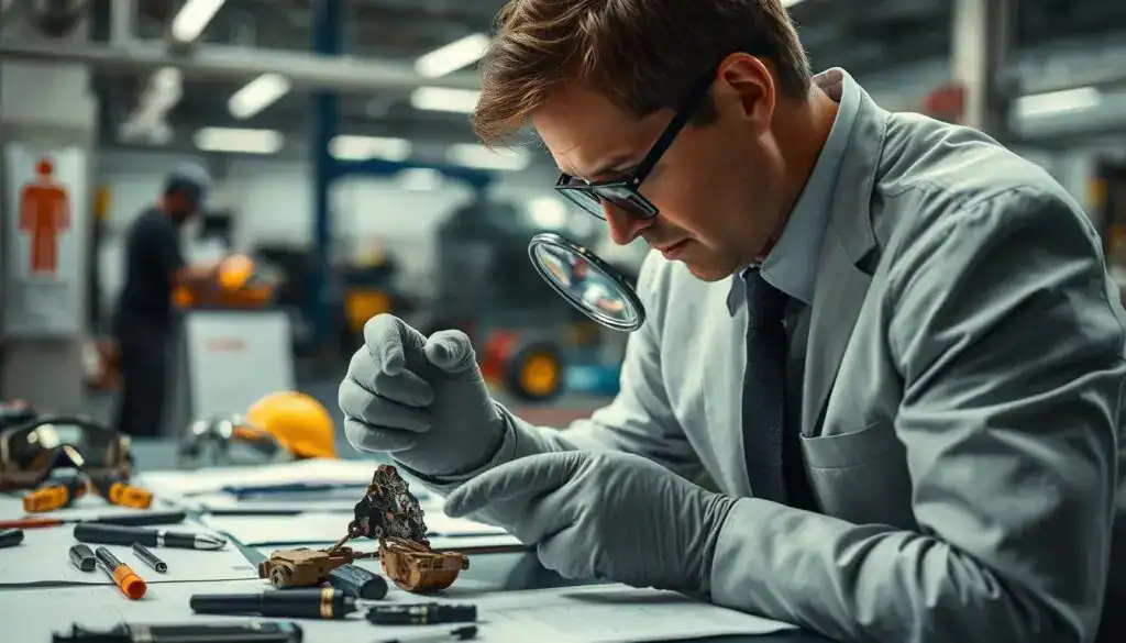 A professional setting depicting the role of experts in the repair process, emphasizing safety in handling technical evidence. In the foreground, a well-dressed expert examining a damaged object with a magnifying glass, wearing gloves to ensure precision and care. The middle ground features a workspace with various tools, safety gear like goggles and helmets, and technical documents spread out neatly. In the background, a blurred scene of a repair shop with equipment and safety signs. Soft, focused lighting highlights the expert's concentration, creating a serious and responsible atmosphere, while a shallow depth of field draws attention to the expert’s careful examination. The image conveys professionalism, diligence, and a commitment to safety in repairs. A professional setting depicting the role of experts in the repair process, emphasizing safety in handling technical evidence. In the foreground, a well-dressed expert examining a damaged object with a magnifying glass, wearing gloves to ensure precision and care. The middle ground features a workspace with various tools, safety gear like goggles and helmets, and technical documents spread out neatly. In the background, a blurred scene of a repair shop with equipment and safety signs. Soft, focused lighting highlights the expert's concentration, creating a serious and responsible atmosphere, while a shallow depth of field draws attention to the expert’s careful examination. The image conveys professionalism, diligence, and a commitment to safety in repairs.