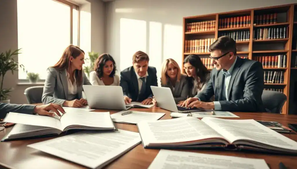 A professional setting featuring a thoughtfully arranged desk with a variety of legal documents, such as contracts and agreements, scattered around. In the foreground, a diverse group of individuals in business attire, engaged in discussion, pointing at the documents and analyzing the text. The middle ground includes open legal textbooks and a laptop, with soft ambient light illuminating the space, creating a warm and focused atmosphere. The background showcases a well-organized bookshelf filled with law books and a large window letting in natural light, casting gentle shadows. The overall mood conveys a sense of collaboration and determination to improve understanding of legal documents. The angle captures the interaction between the group and the materials, emphasizing their diligent efforts. A professional setting featuring a thoughtfully arranged desk with a variety of legal documents, such as contracts and agreements, scattered around. In the foreground, a diverse group of individuals in business attire, engaged in discussion, pointing at the documents and analyzing the text. The middle ground includes open legal textbooks and a laptop, with soft ambient light illuminating the space, creating a warm and focused atmosphere. The background showcases a well-organized bookshelf filled with law books and a large window letting in natural light, casting gentle shadows. The overall mood conveys a sense of collaboration and determination to improve understanding of legal documents. The angle captures the interaction between the group and the materials, emphasizing their diligent efforts.