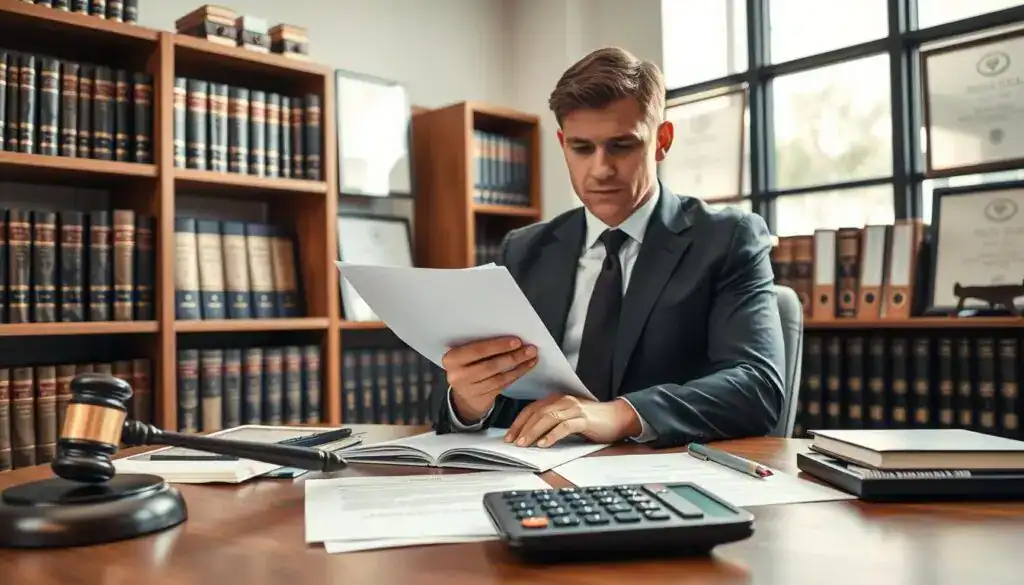 A professional setting featuring a well-organized legal office. In the foreground, a desk with a gavel, legal documents, and a calculator, symbolizing the theme of compensation due to damages. In the middle, a serious-looking lawyer in business attire examines a stack of papers, showcasing an expression of determination and professionalism. The background displays shelves filled with law books and certificates, creating an authoritative atmosphere. Soft, natural lighting enters through a window, casting gentle shadows to enhance the mood. The image should invoke feelings of trust and integrity, emphasizing the legal aspects of rights concerning damages. The angle should be slightly above the desk to capture both the lawyer’s focused expression and the important documents clearly. A professional setting featuring a well-organized legal office. In the foreground, a desk with a gavel, legal documents, and a calculator, symbolizing the theme of compensation due to damages. In the middle, a serious-looking lawyer in business attire examines a stack of papers, showcasing an expression of determination and professionalism. The background displays shelves filled with law books and certificates, creating an authoritative atmosphere. Soft, natural lighting enters through a window, casting gentle shadows to enhance the mood. The image should invoke feelings of trust and integrity, emphasizing the legal aspects of rights concerning damages. The angle should be slightly above the desk to capture both the lawyer’s focused expression and the important documents clearly.