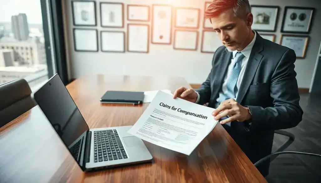 A professional setting focused on real estate appraisal, featuring a well-dressed real estate appraiser examining a document titled "Claims for Compensation" on a sleek wooden desk. In the foreground, the appraiser, a middle-aged man in business attire, uses a calculator while scrutinizing the document with a concentrated expression. The middle ground displays a sophisticated laptop open beside a physical property value report, alongside a large window with cityscape views. The background hints at a contemporary office with framed certifications on the walls, and soft natural light streaming in, creating an atmosphere of professionalism and trust. Emphasize a clean, organized workspace to reflect the importance of accurate appraisal in the context of market loss. A professional setting focused on real estate appraisal, featuring a well-dressed real estate appraiser examining a document titled "Claims for Compensation" on a sleek wooden desk. In the foreground, the appraiser, a middle-aged man in business attire, uses a calculator while scrutinizing the document with a concentrated expression. The middle ground displays a sophisticated laptop open beside a physical property value report, alongside a large window with cityscape views. The background hints at a contemporary office with framed certifications on the walls, and soft natural light streaming in, creating an atmosphere of professionalism and trust. Emphasize a clean, organized workspace to reflect the importance of accurate appraisal in the context of market loss.