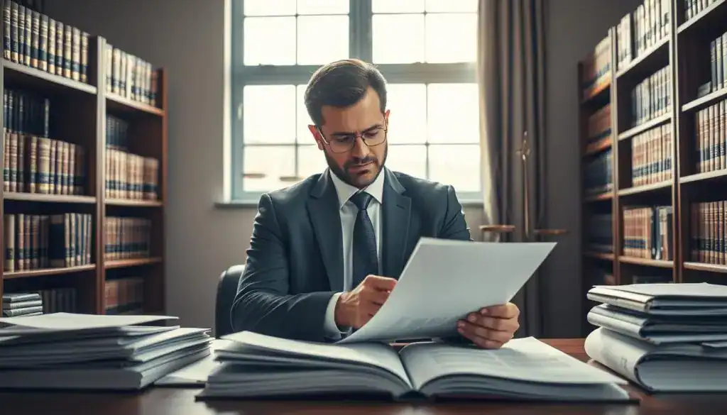 A professional setting illustrating legal complexities in a compensation process. In the foreground, a well-dressed legal expert reviews complex documents with a focused expression, surrounded by case files and legal texts on the desk, symbolizing the challenges of interpreting law. The middle ground features a large window letting in soft, natural light, casting a warm glow on the scene. Shelves filled with law books provide a scholarly backdrop, while an abstract representation of scales of justice hovers subtly in the background. The atmosphere conveys a sense of determination and uncertainty, reflecting possible difficulties faced during legal evaluations. The color palette is muted, emphasizing professionalism and seriousness, with an overall composition that invites contemplation. A professional setting illustrating legal complexities in a compensation process. In the foreground, a well-dressed legal expert reviews complex documents with a focused expression, surrounded by case files and legal texts on the desk, symbolizing the challenges of interpreting law. The middle ground features a large window letting in soft, natural light, casting a warm glow on the scene. Shelves filled with law books provide a scholarly backdrop, while an abstract representation of scales of justice hovers subtly in the background. The atmosphere conveys a sense of determination and uncertainty, reflecting possible difficulties faced during legal evaluations. The color palette is muted, emphasizing professionalism and seriousness, with an overall composition that invites contemplation.