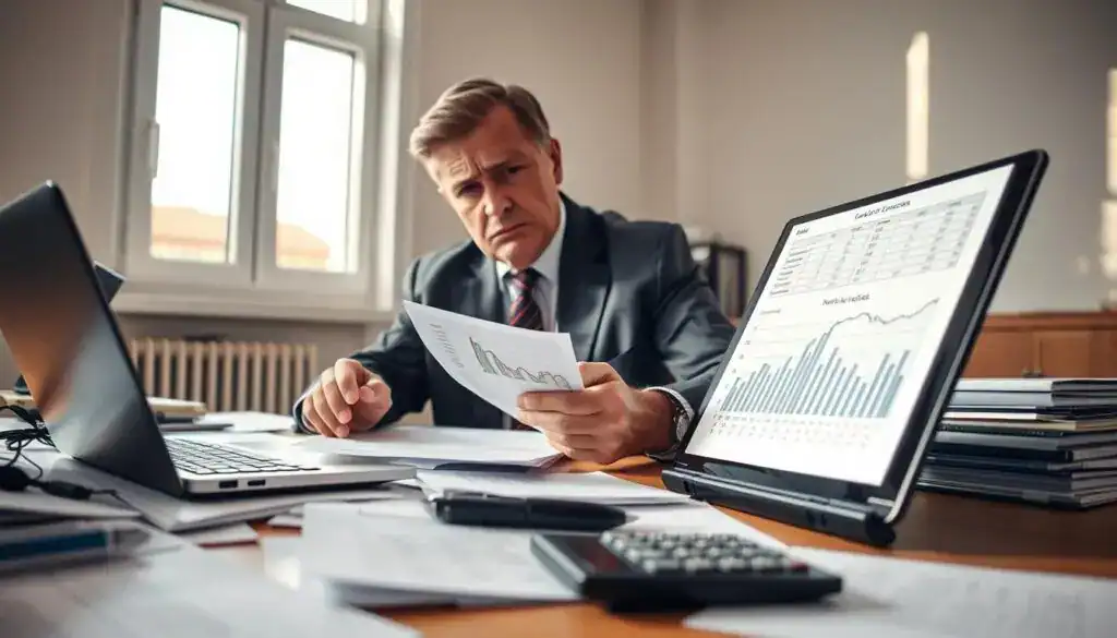 A professional setting showing a person in business attire sitting at a desk, looking concerned and examining car-related documents, symbolizing the stress of financial loss due to lack of vehicle access. The foreground features a cluttered desk with papers, a calculator, and a laptop displaying graphs of loss calculations. In the middle, the person, a middle-aged individual with a worried expression, types notes while glancing at a notepad filled with figures. In the background, there is a window slightly ajar, letting in soft natural light that casts shadows across the room. The atmosphere conveys tension and focus, representing the challenges faced in reporting and calculating losses related to vehicle usage. Opt for a warm color palette to emphasize the seriousness of the topic, using a slight depth of field to keep the focus on the subject. A professional setting showing a person in business attire sitting at a desk, looking concerned and examining car-related documents, symbolizing the stress of financial loss due to lack of vehicle access. The foreground features a cluttered desk with papers, a calculator, and a laptop displaying graphs of loss calculations. In the middle, the person, a middle-aged individual with a worried expression, types notes while glancing at a notepad filled with figures. In the background, there is a window slightly ajar, letting in soft natural light that casts shadows across the room. The atmosphere conveys tension and focus, representing the challenges faced in reporting and calculating losses related to vehicle usage. Opt for a warm color palette to emphasize the seriousness of the topic, using a slight depth of field to keep the focus on the subject.