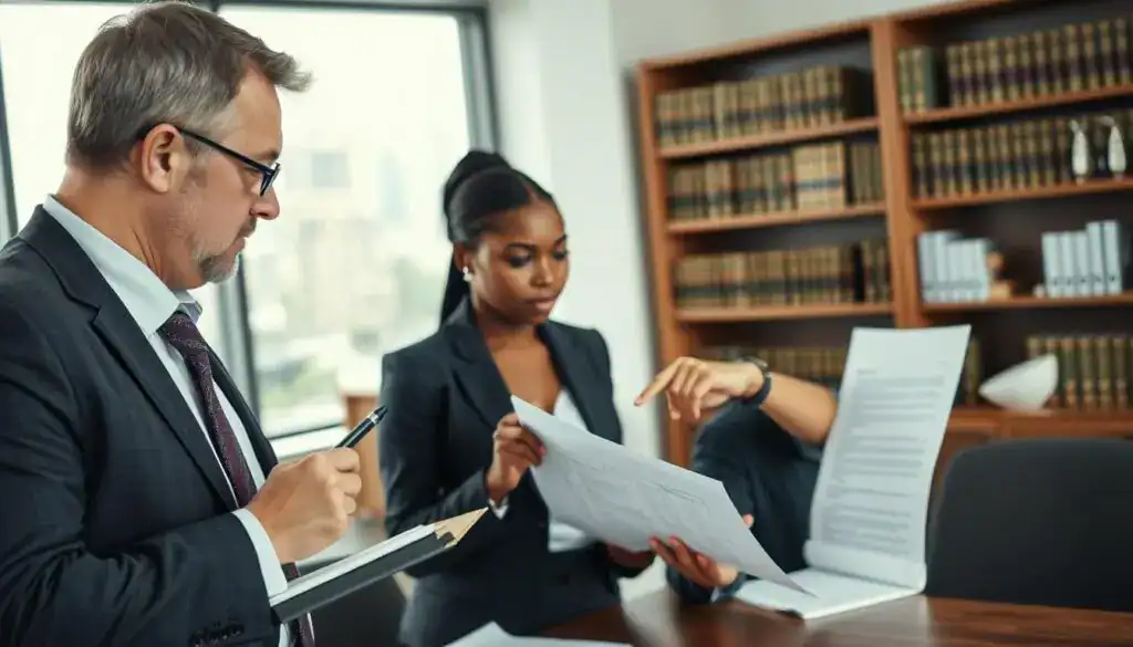 A professional setting with three individuals engaged in a serious discussion about documentation, with one person writing notes on a notepad. In the foreground, a middle-aged Caucasian man in business attire holds a pen, observing a document on the table. In the middle ground, a young Black woman in smart casual clothing points to important sections of a legal document, illustrating the role of witnesses in documentation. In the background, a blurred office environment with shelves filled with law books and a window revealing a cityscape. The lighting is soft and natural, creating a focused atmosphere, while the angle is slightly above eye level, giving a clear view of the interactions between the individuals. The overall mood is professional and collaborative. A professional setting with three individuals engaged in a serious discussion about documentation, with one person writing notes on a notepad. In the foreground, a middle-aged Caucasian man in business attire holds a pen, observing a document on the table. In the middle ground, a young Black woman in smart casual clothing points to important sections of a legal document, illustrating the role of witnesses in documentation. In the background, a blurred office environment with shelves filled with law books and a window revealing a cityscape. The lighting is soft and natural, creating a focused atmosphere, while the angle is slightly above eye level, giving a clear view of the interactions between the individuals. The overall mood is professional and collaborative.